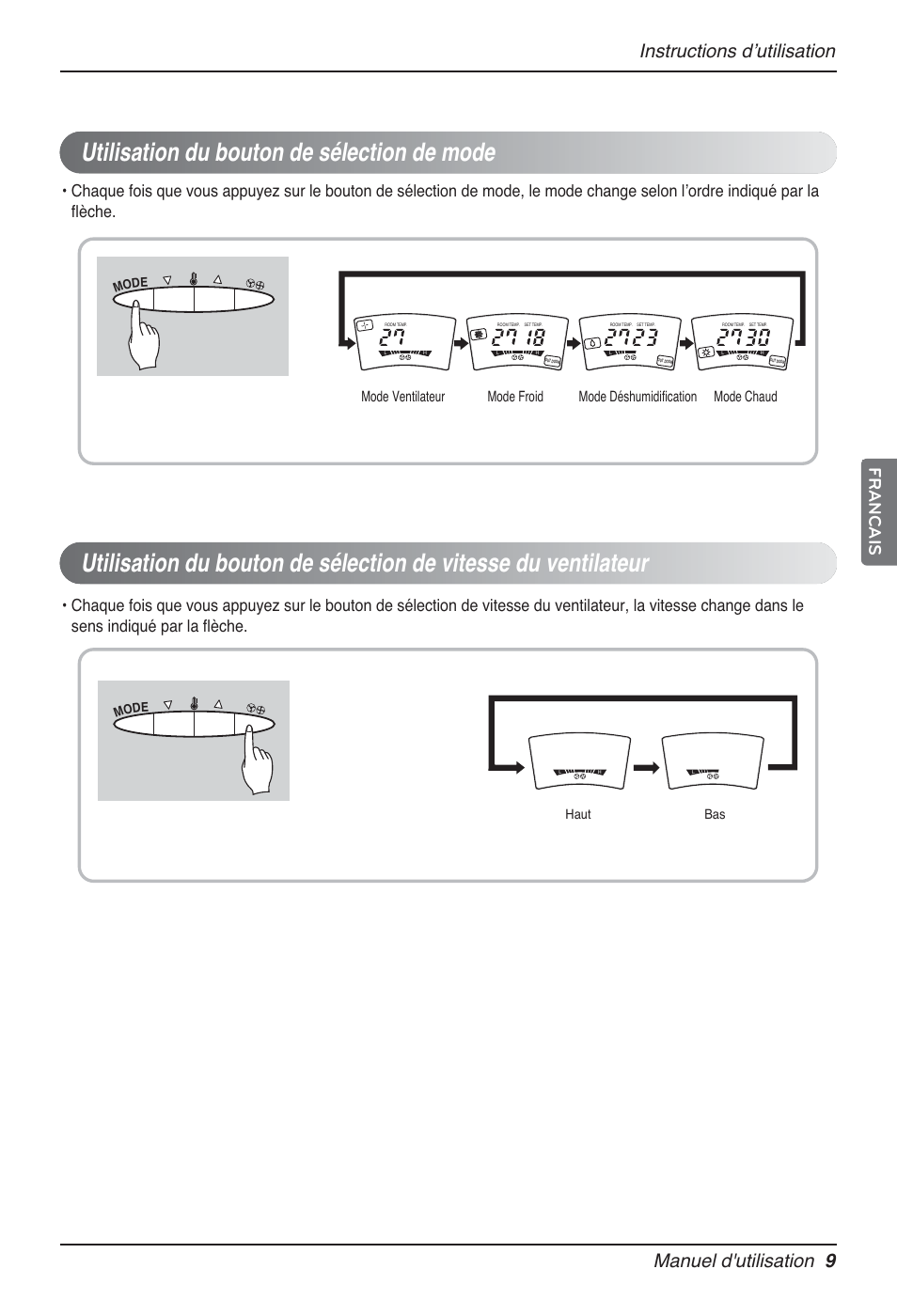 Manuel d'utilisation 9, Instructions dʼutilisation, Francais | Haut bas, Mod e | LG P08AH User Manual | Page 63 / 91