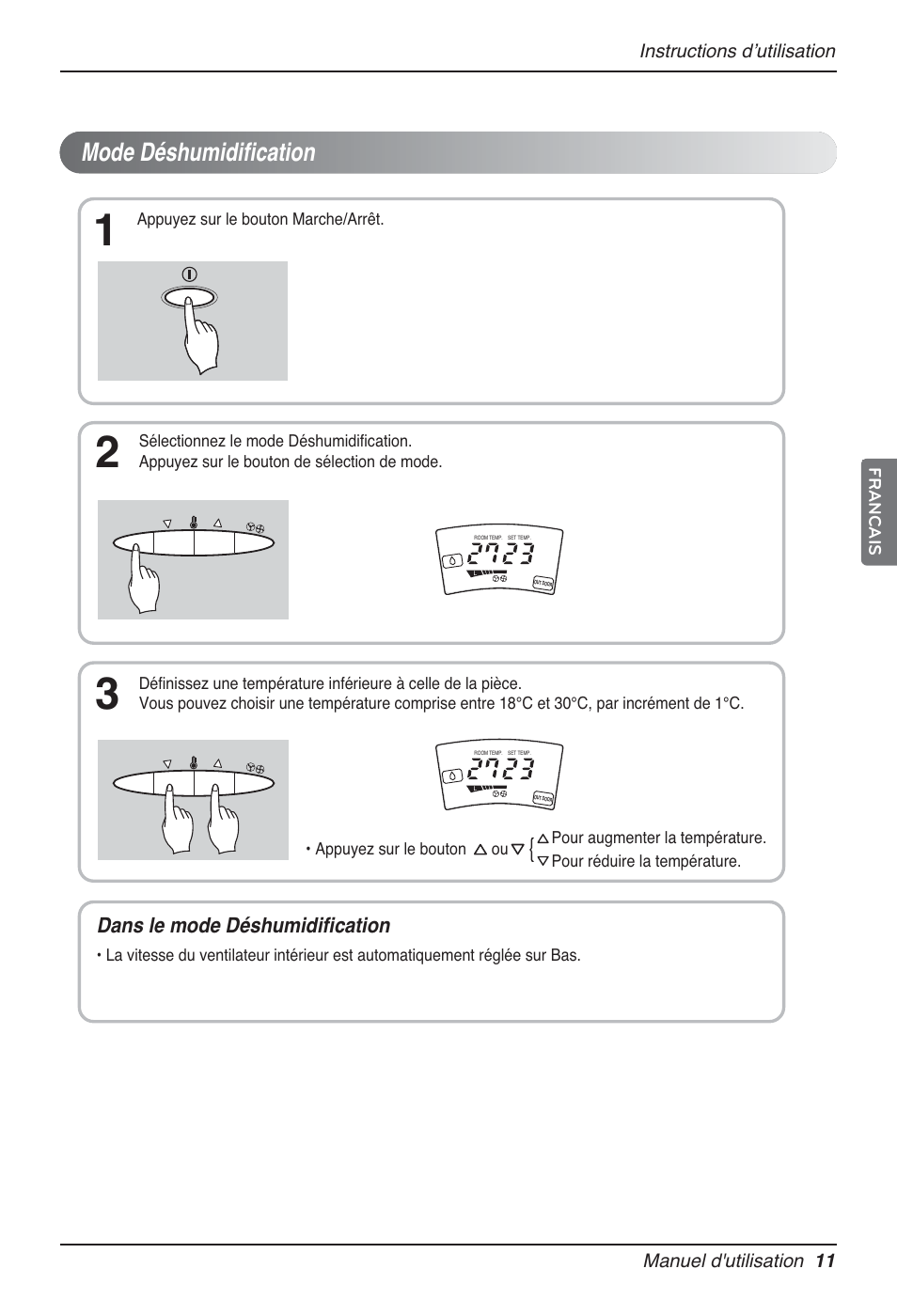 Mode déshumidification, Dans le mode déshumidification | LG P08AH User Manual | Page 65 / 91