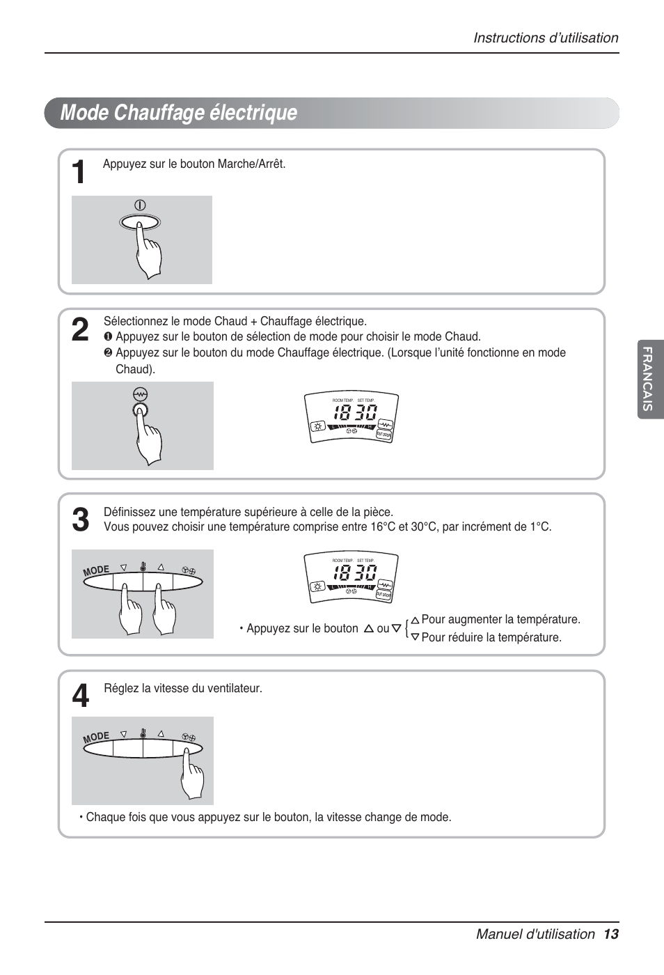 Mode chauffage électrique | LG P08AH User Manual | Page 67 / 91