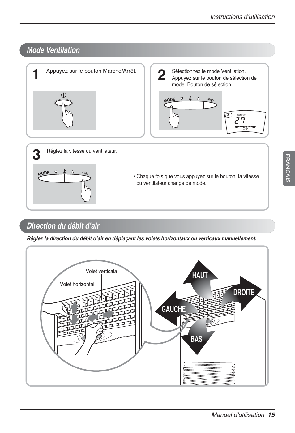 Mode ventilation direction du débit dʼair, Haut droite bas, Gauche | LG P08AH User Manual | Page 69 / 91