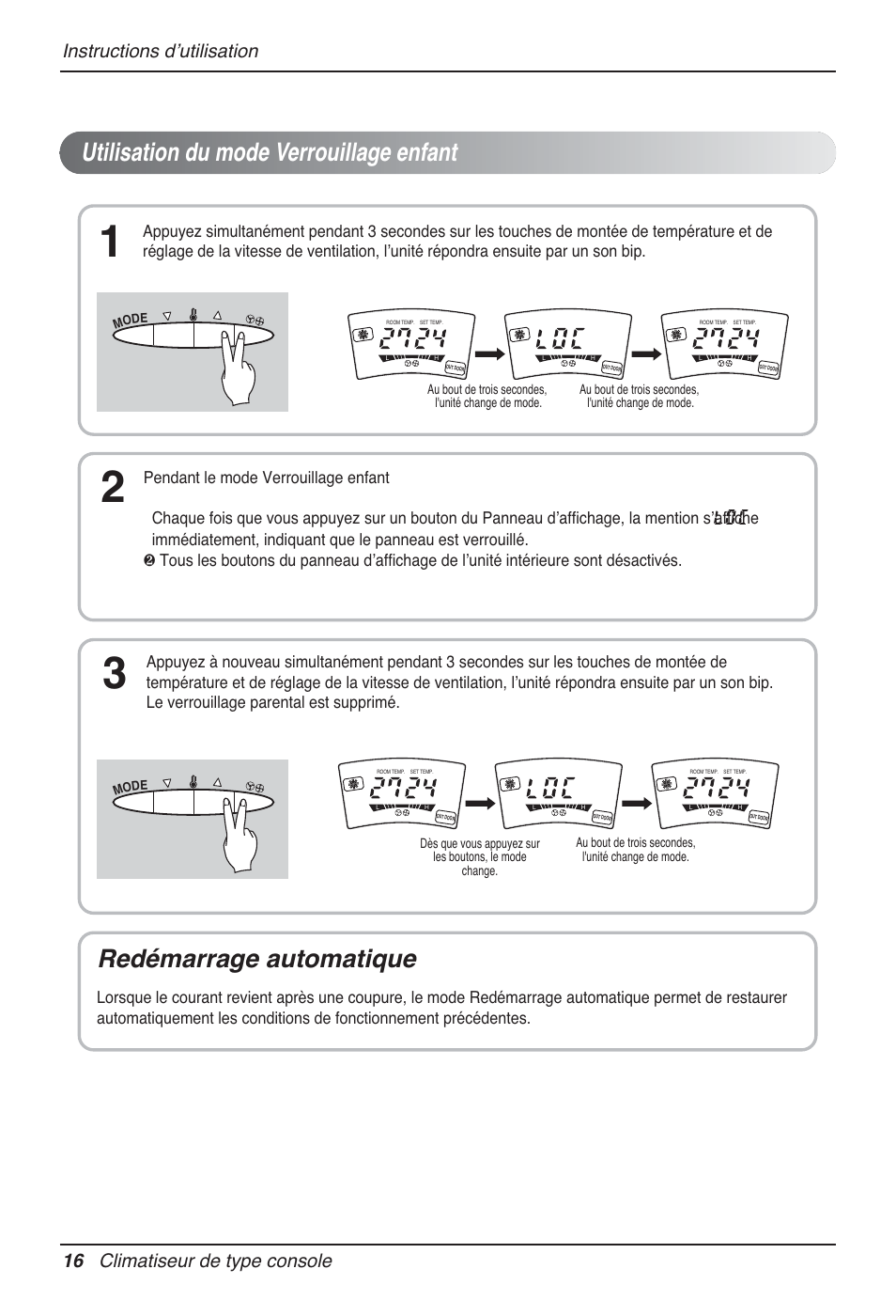 Utilisation du mode verrouillage enfant, Redémarrage automatique, 16 climatiseur de type console | Instructions dʼutilisation | LG P08AH User Manual | Page 70 / 91