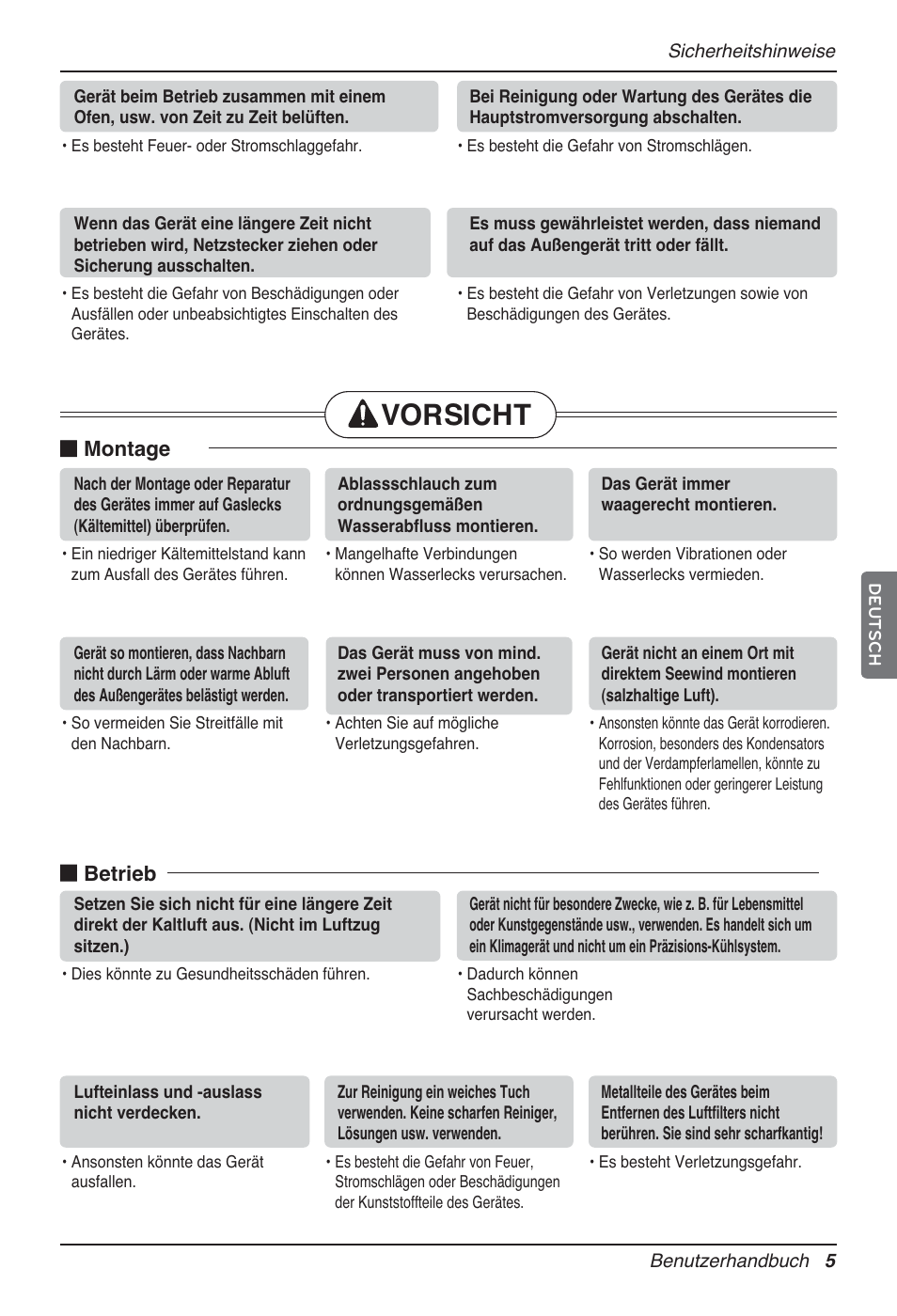 Vorsicht, Montage, Betrieb | LG P08AH User Manual | Page 77 / 91