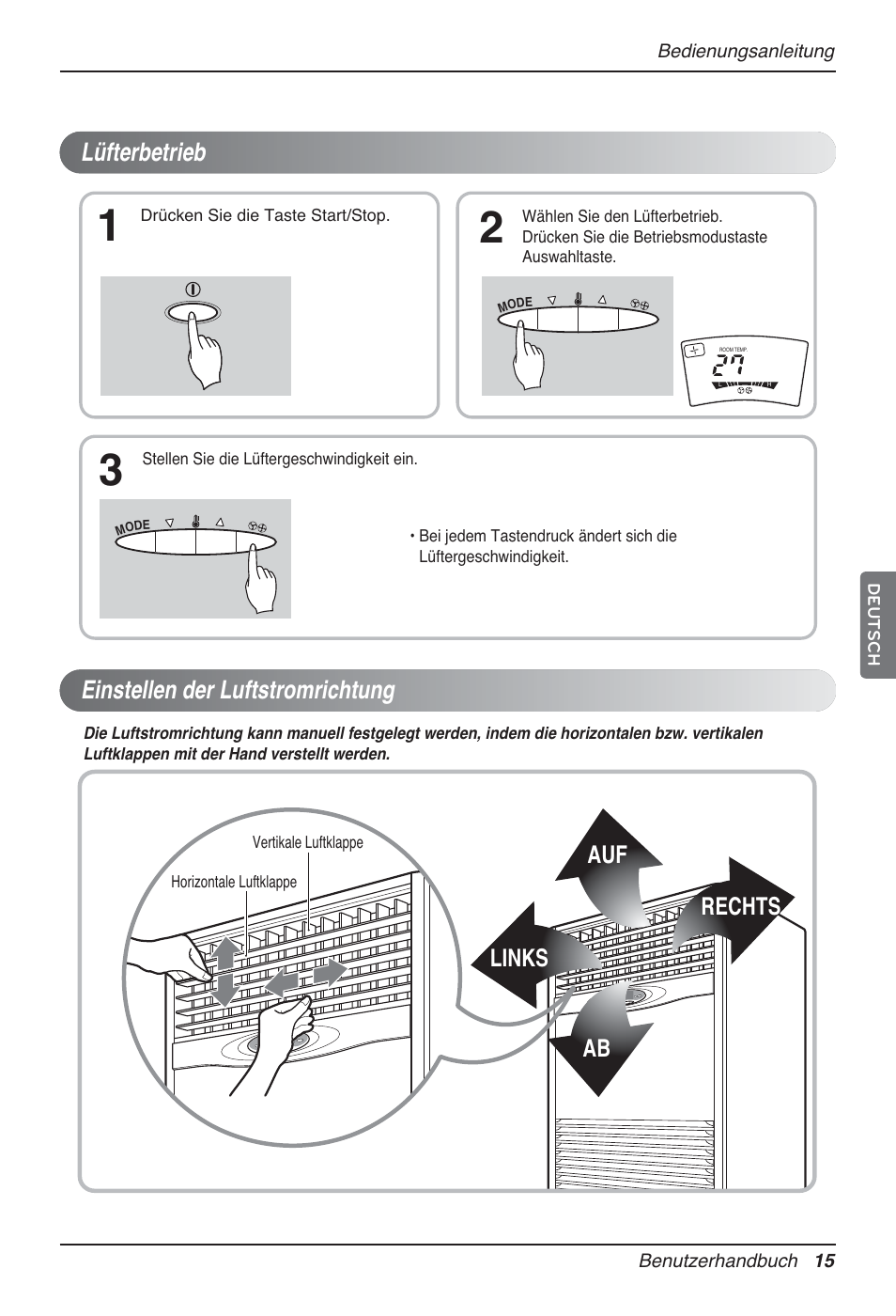 Lüfterbetrieb einstellen der luftstromrichtung, Auf rechts ab, Links | LG P08AH User Manual | Page 87 / 91