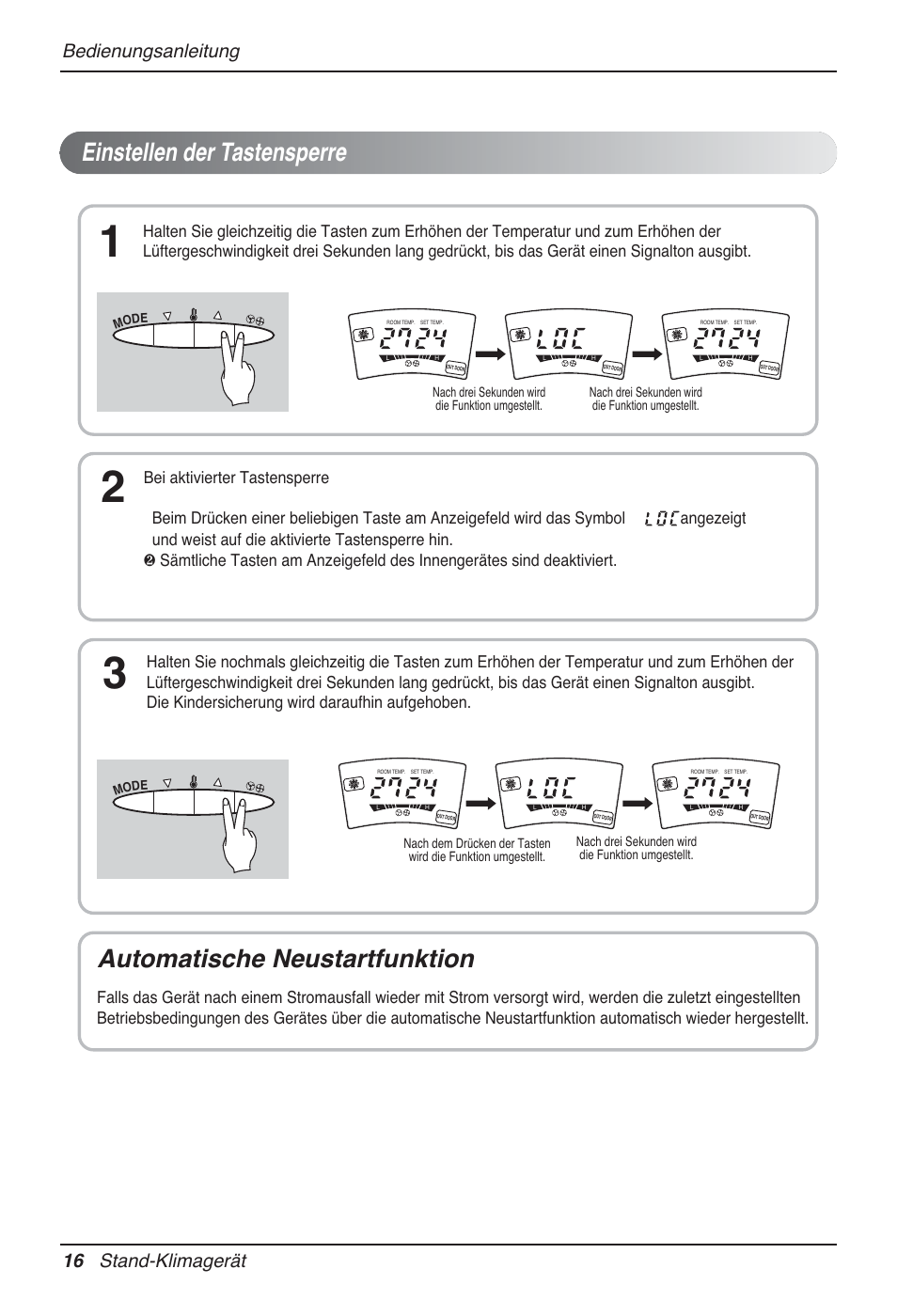 Einstellen der tastensperre, Automatische neustartfunktion, 16 stand-klimagerät | Bedienungsanleitung | LG P08AH User Manual | Page 88 / 91