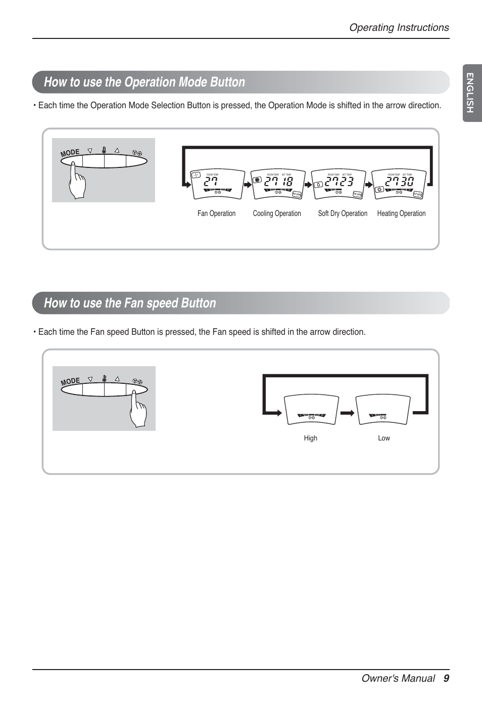 Operating instructions, Owner's manual 9, English | High low, Mod e | LG P08AH User Manual | Page 9 / 91