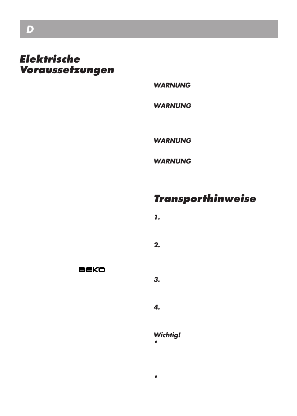 Gebrauchsanweisung d elektrische voraussetzungen, Transporthinweise | Beko LBI 2201 User Manual | Page 18 / 55