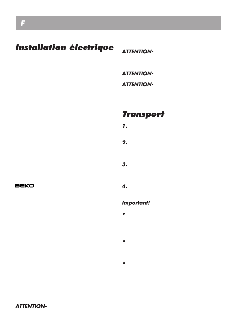 Notice d’emploi f installation électrique, Transport | Beko LBI 2201 User Manual | Page 26 / 55