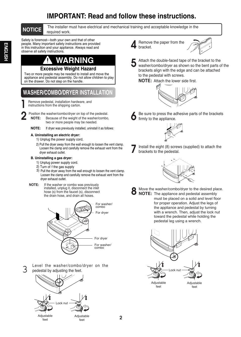 Arning, Important: read and follow these instructions, Washer/combo/dryer installation | LG LWP-273W User Manual | Page 2 / 16
