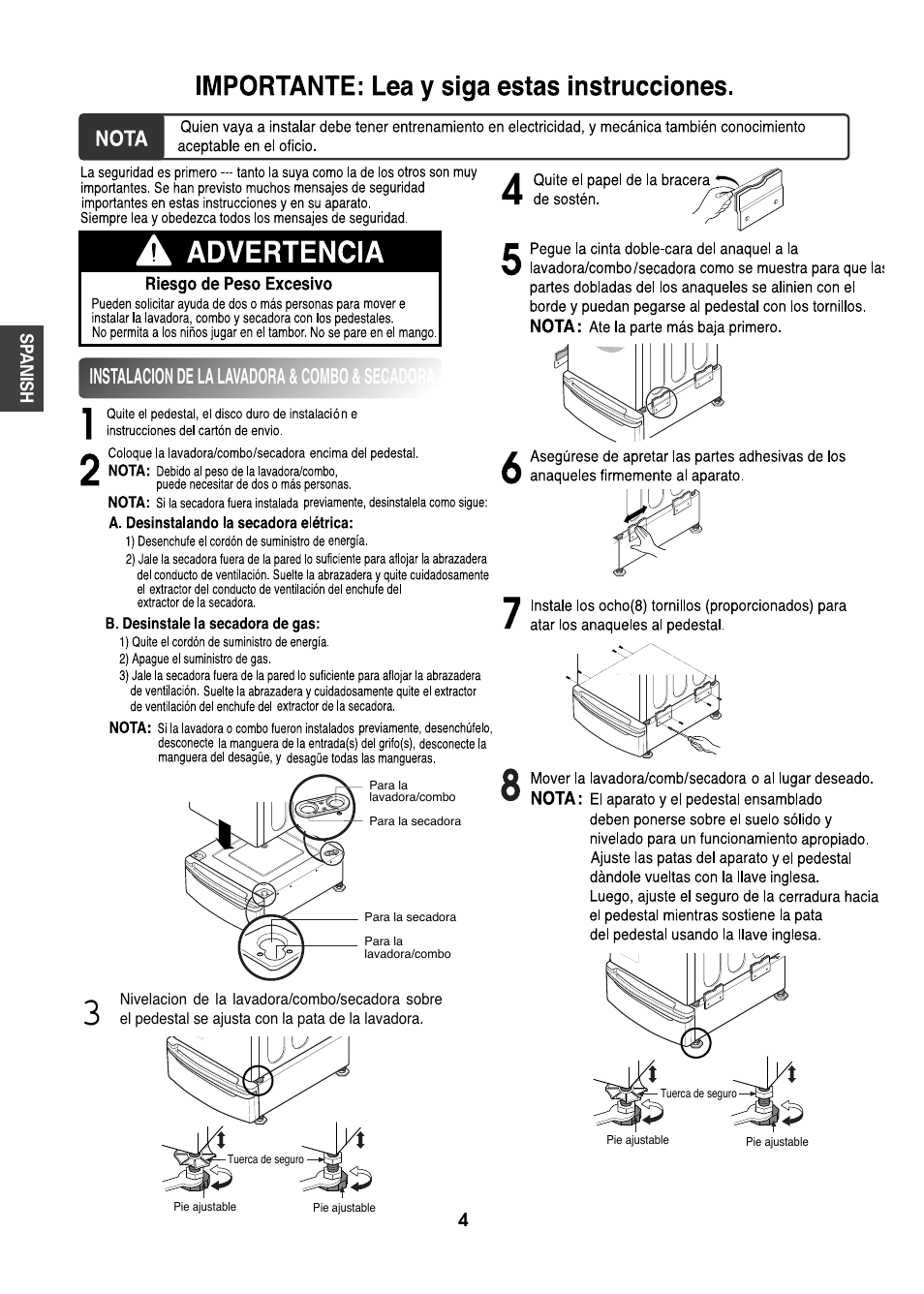 Instalacion de la lavadora & combo & secadora | LG LWP-273W User Manual | Page 4 / 16