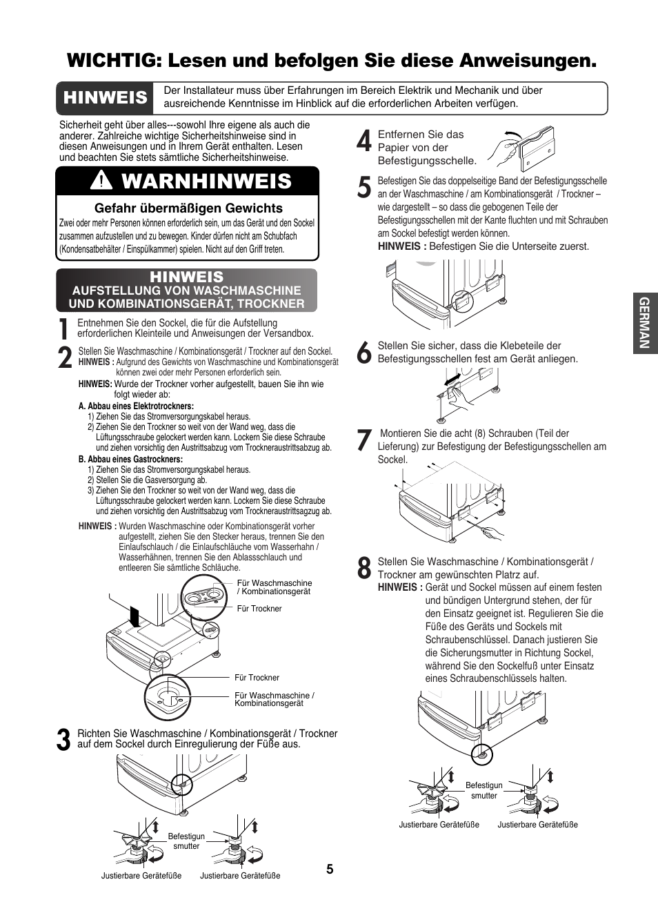 Warnhinweis, Wichtig: lesen und befolgen sie diese anweisungen, Hinweis | LG LWP-273W User Manual | Page 5 / 16