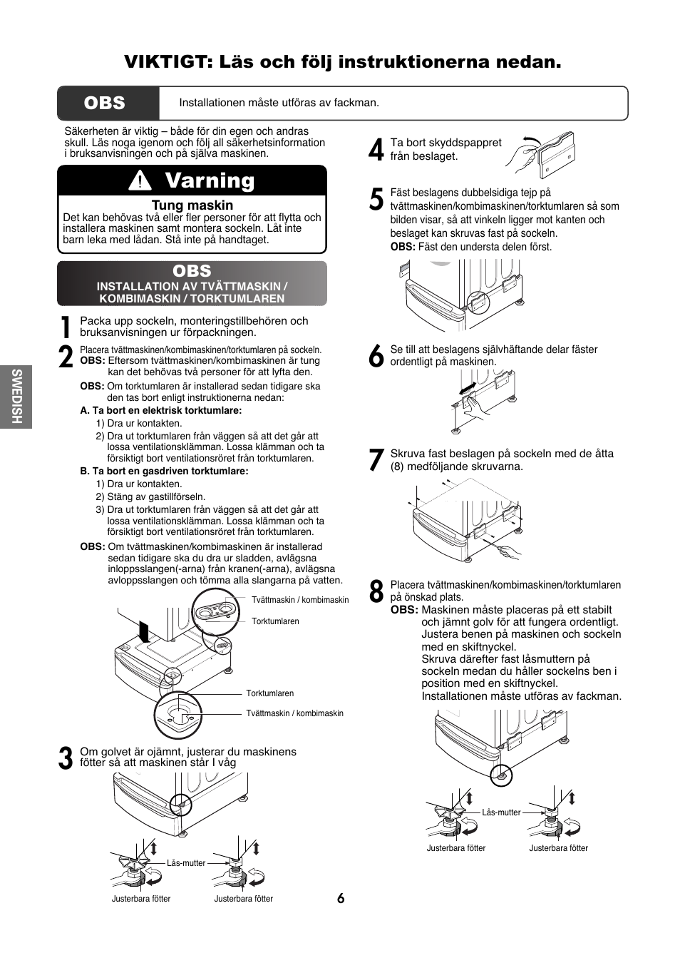 Varning, Viktigt: läs och följ instruktionerna nedan | LG LWP-273W User Manual | Page 6 / 16