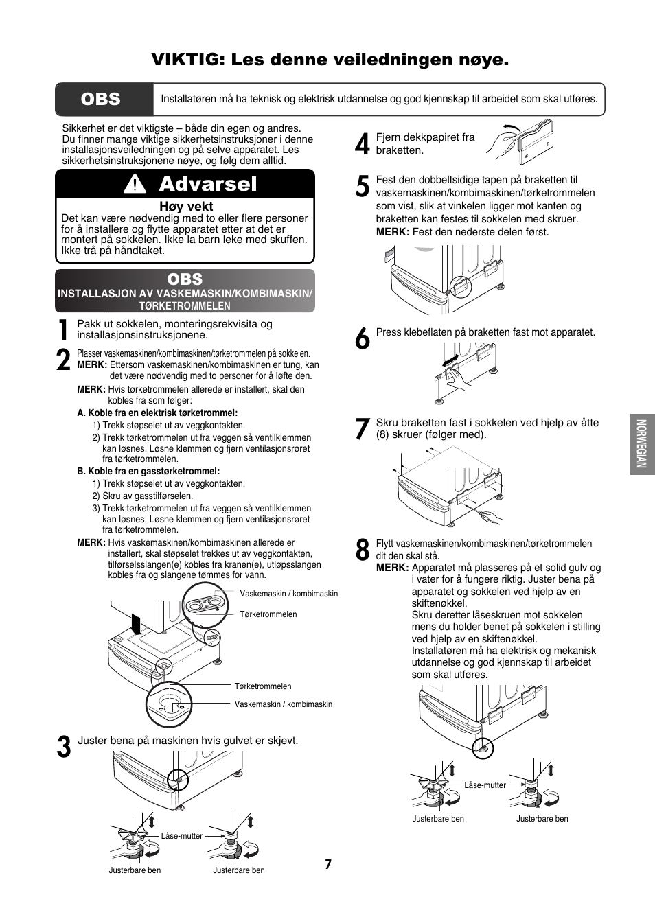Advarsel, Viktig: les denne veiledningen nøye | LG LWP-273W User Manual | Page 7 / 16