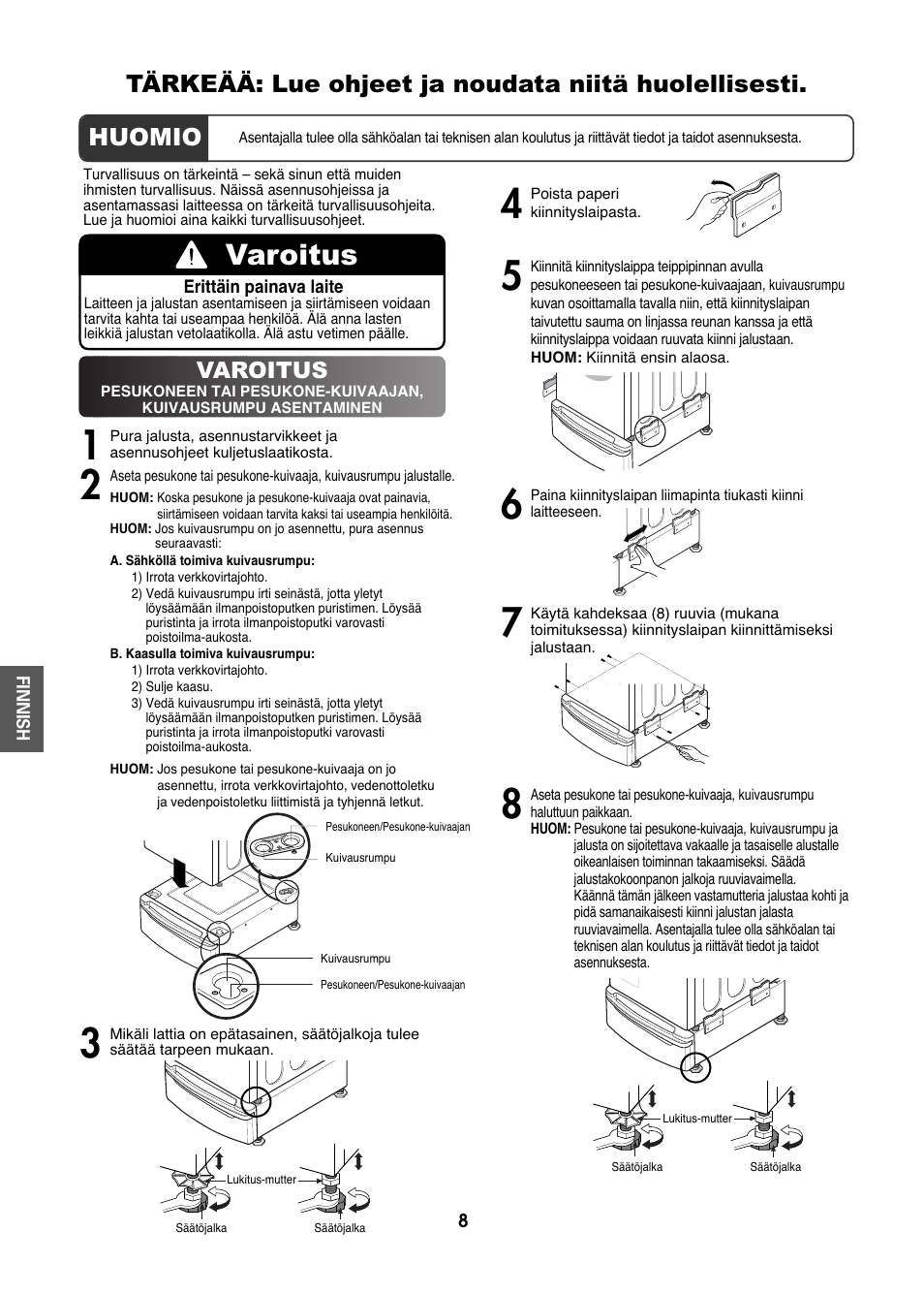 Tärkeää: lue ohjeet ja noudata niitä huolellisesti, Huomio, Varoitus | LG LWP-273W User Manual | Page 8 / 16