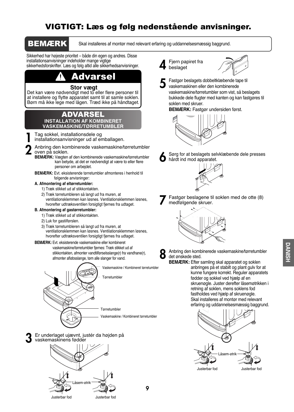Vigtigt: læs og følg nedenstående anvisninger, Bemærk, Advarsel | LG LWP-273W User Manual | Page 9 / 16