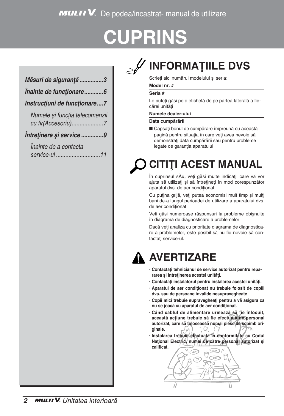 Cuprins, Informaţiile dvs, Citiţi acest manual | Avertizare, De podea/incastrat- manual de utilizare | LG ARNU24GCFA2 User Manual | Page 110 / 229