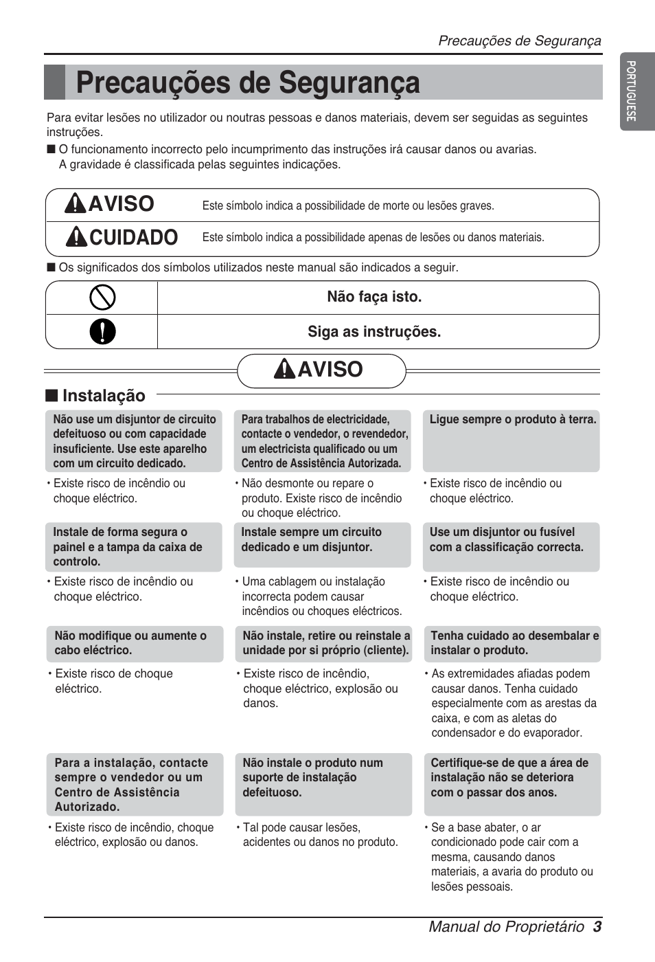 Precauções de segurança, Aviso cuidado, Aviso | N instalação | LG ARNU24GCFA2 User Manual | Page 123 / 229