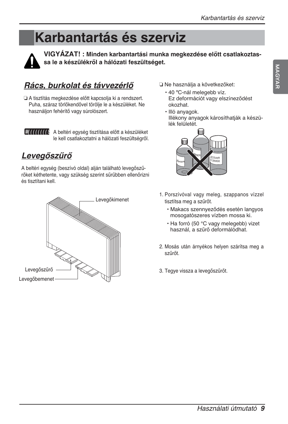 Karbantartás és szerviz, Rács, burkolat és távvezérlő, Levegőszűrő | Használati útmutató 9, Vigyázat | LG ARNU24GCFA2 User Manual | Page 141 / 229