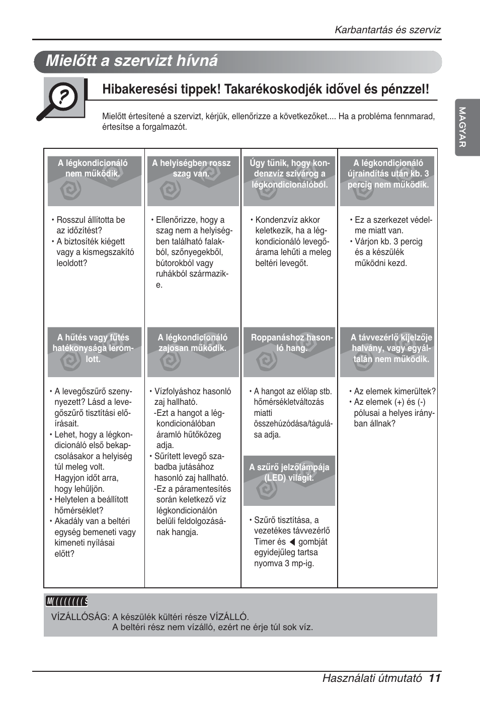 Mielőtt a szervizt hívná, Használati útmutató 11 | LG ARNU24GCFA2 User Manual | Page 143 / 229