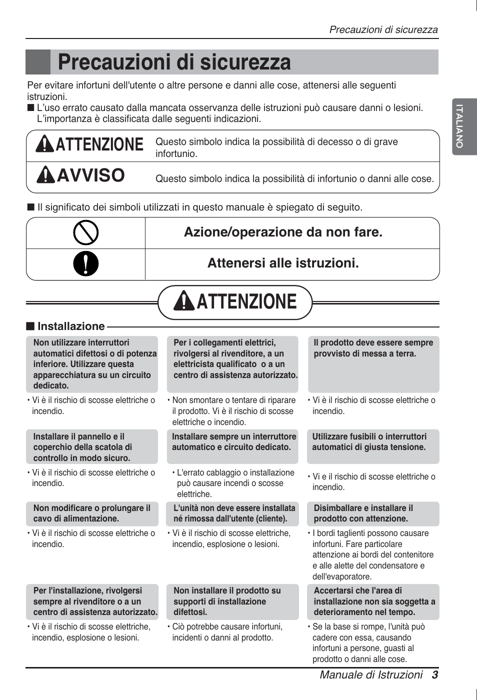 Precauzioni di sicurezza, Attenzione, Attenzione avviso | LG ARNU24GCFA2 User Manual | Page 15 / 229