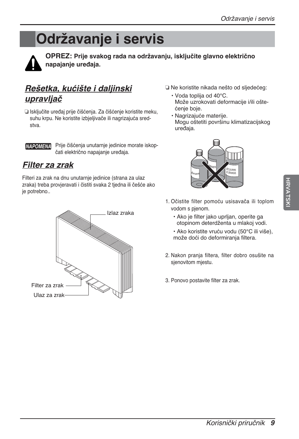 Održavanje i servis, Rešetka, kućište i daljinski upravljač, Filter za zrak | Korisnički priručnik 9, Oprez | LG ARNU24GCFA2 User Manual | Page 177 / 229