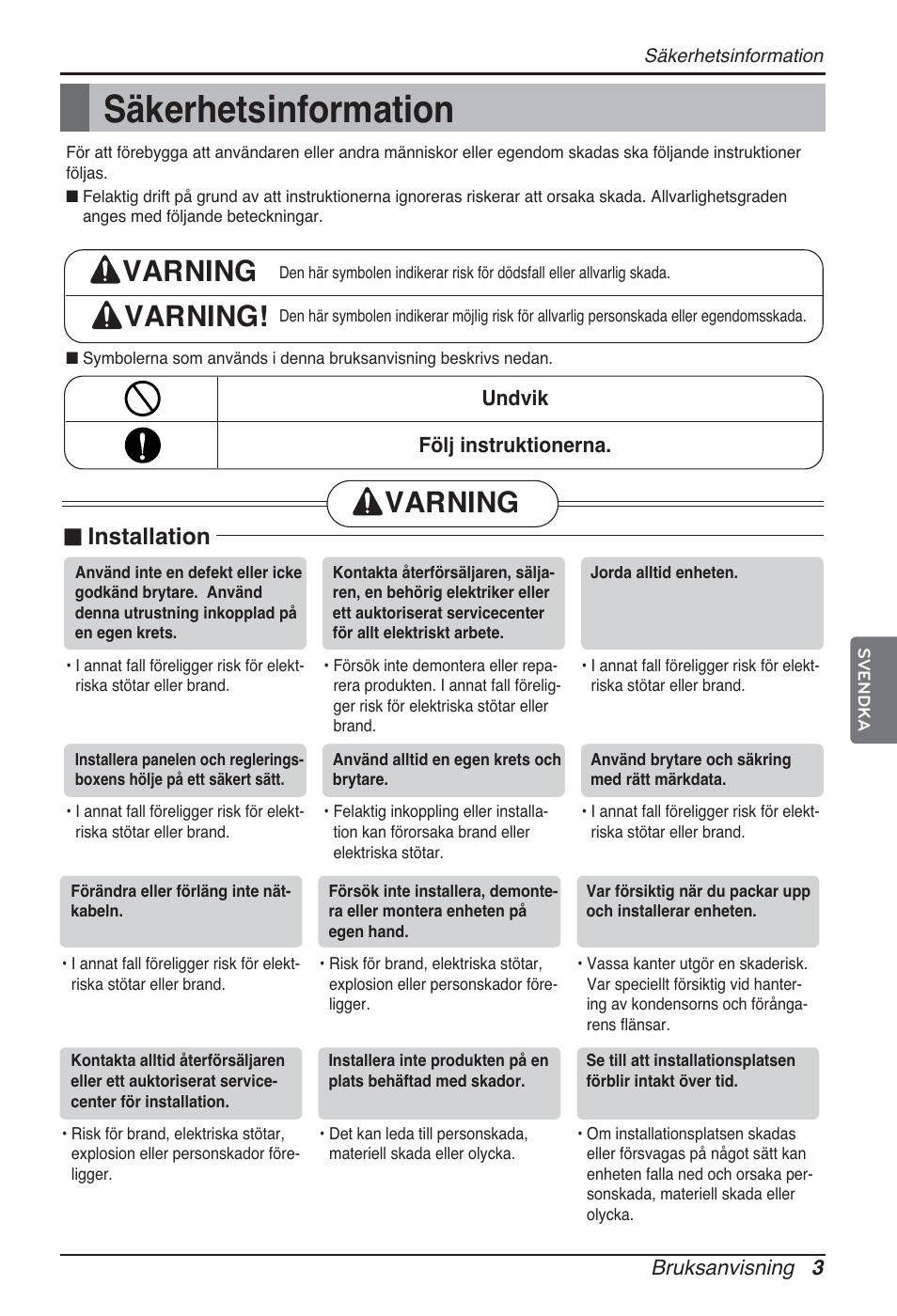 Säkerhetsinformation, Varning varning, Varning | N installation | LG ARNU24GCFA2 User Manual | Page 183 / 229