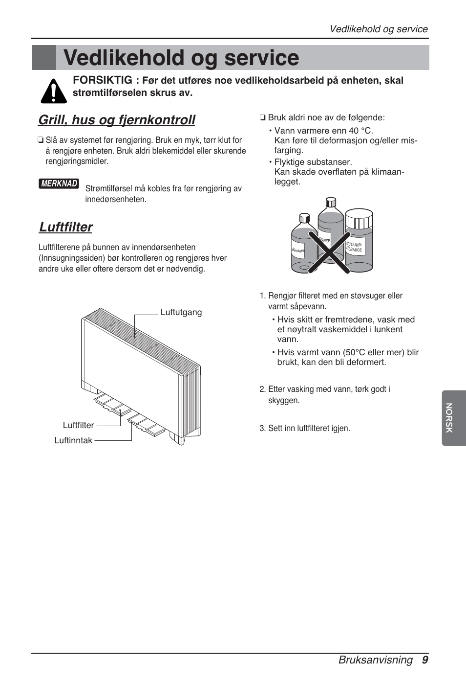 Vedlikehold og service, Grill, hus og fjernkontroll, Luftfilter | Bruksanvisning 9, Forsiktig | LG ARNU24GCFA2 User Manual | Page 201 / 229