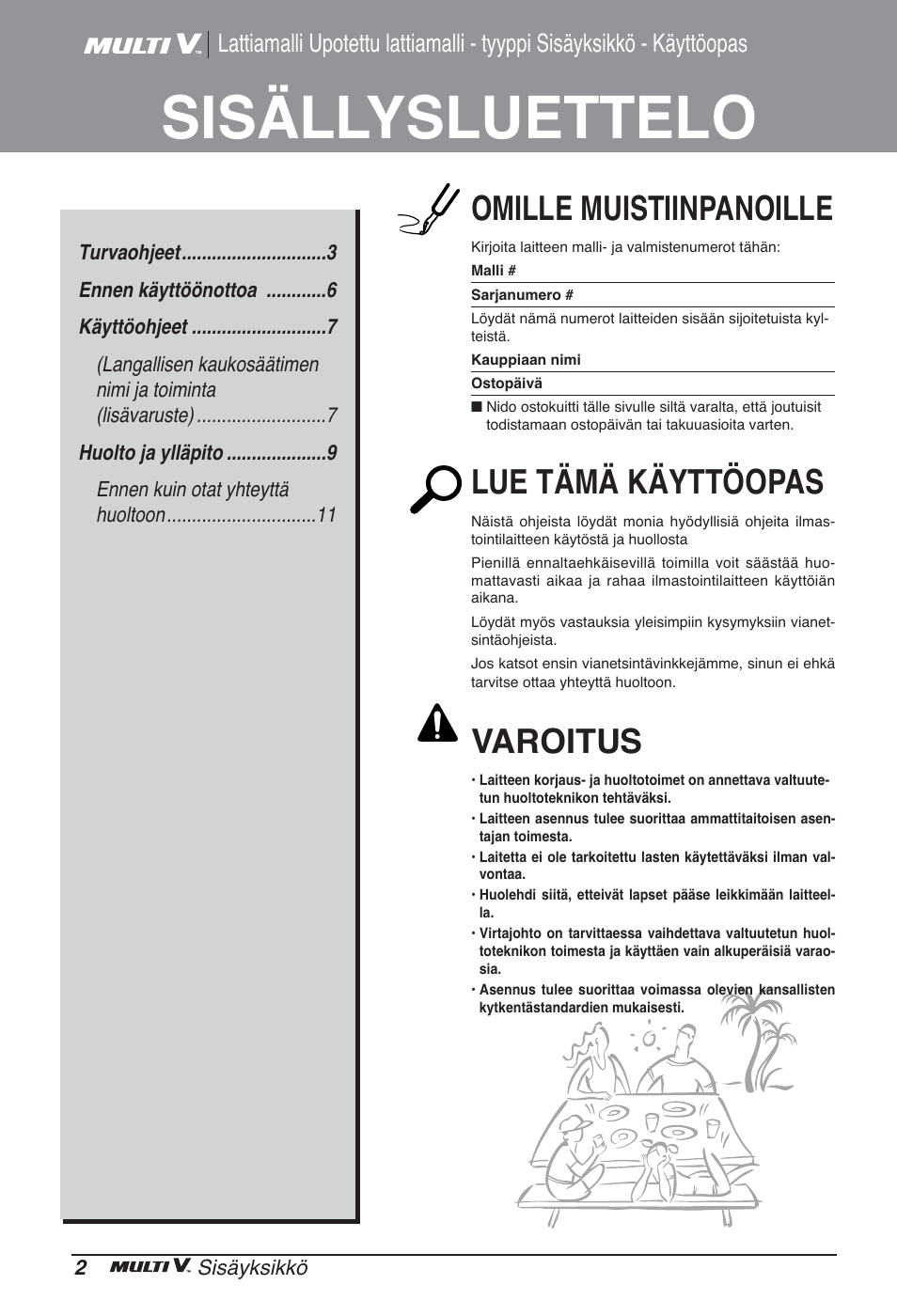 Sisällysluettelo, Omille muistiinpanoille, Lue tämä käyttöopas | Varoitus | LG ARNU24GCFA2 User Manual | Page 206 / 229