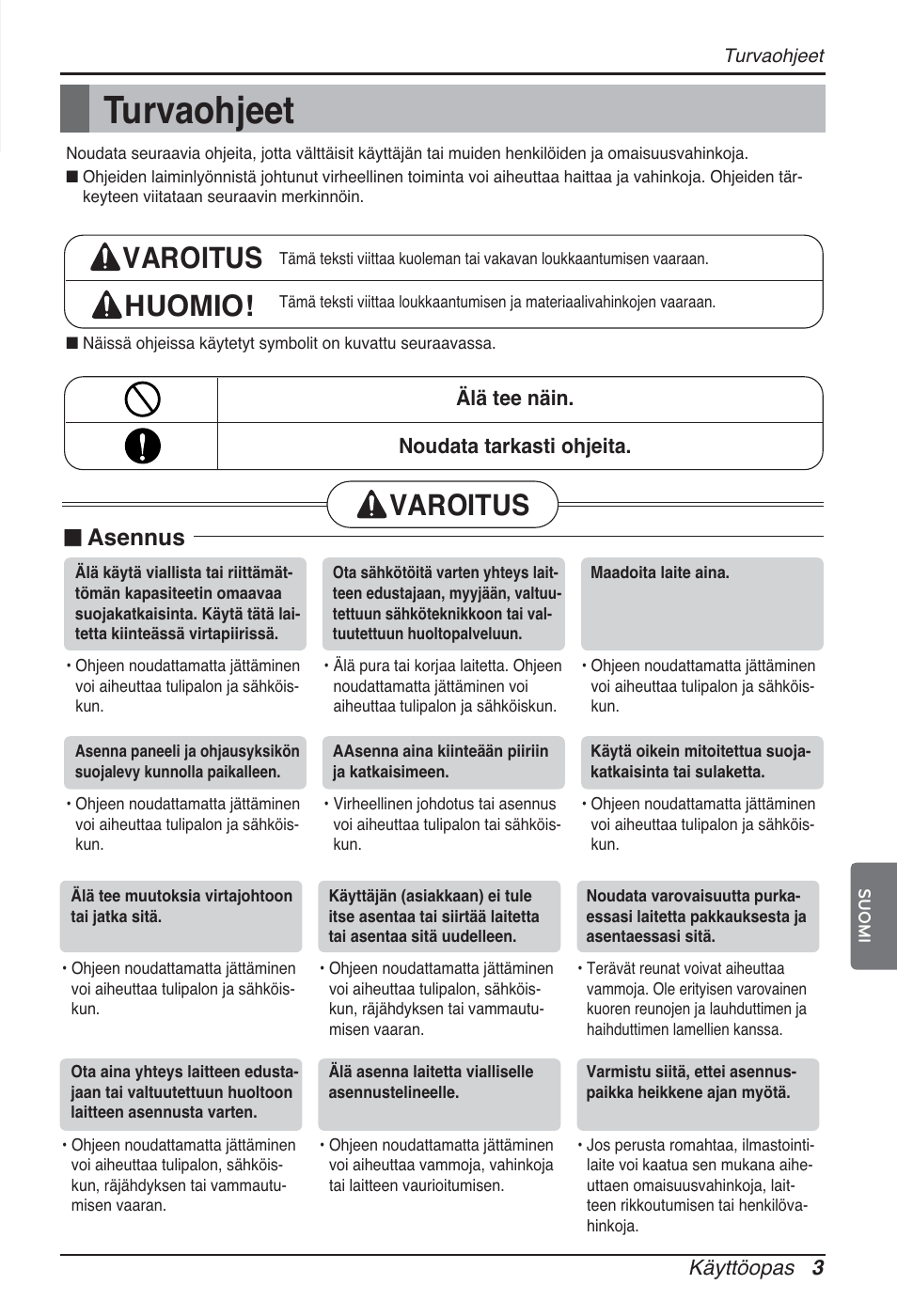 Turvaohjeet, Varoitus huomio, Varoitus | N asennus | LG ARNU24GCFA2 User Manual | Page 207 / 229