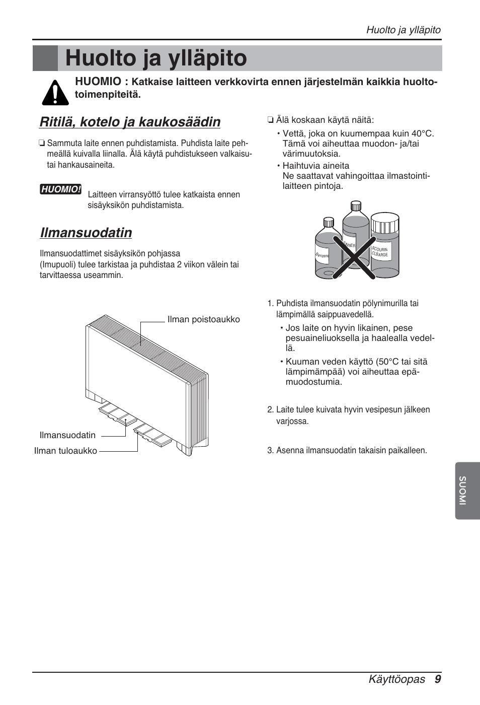 Huolto ja ylläpito, Ritilä, kotelo ja kaukosäädin, Ilmansuodatin | Käyttöopas 9, Huomio | LG ARNU24GCFA2 User Manual | Page 213 / 229