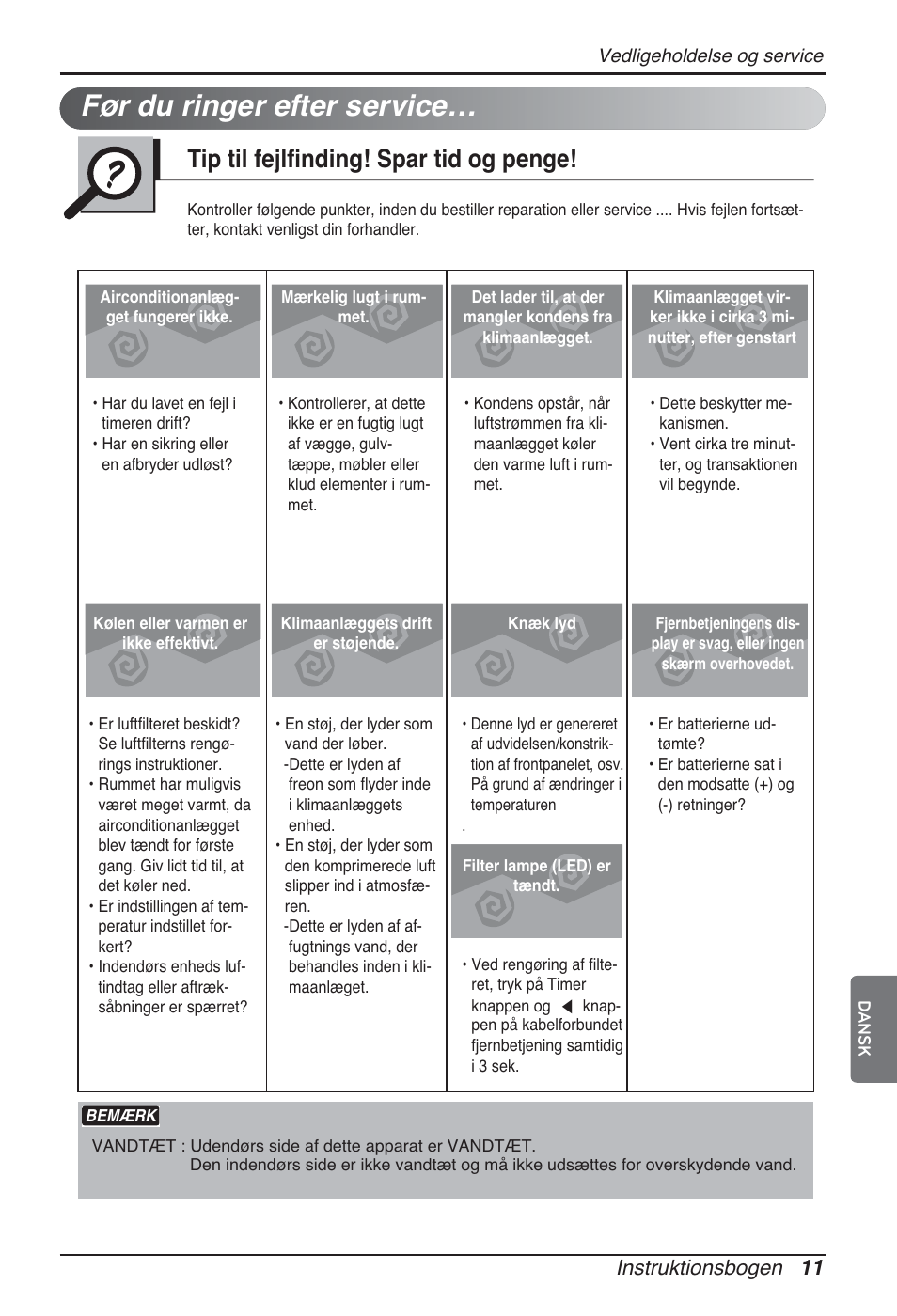 Før du ringer efter service, Tip til fejlfinding! spar tid og penge, Instruktionsbogen 11 | LG ARNU24GCFA2 User Manual | Page 227 / 229