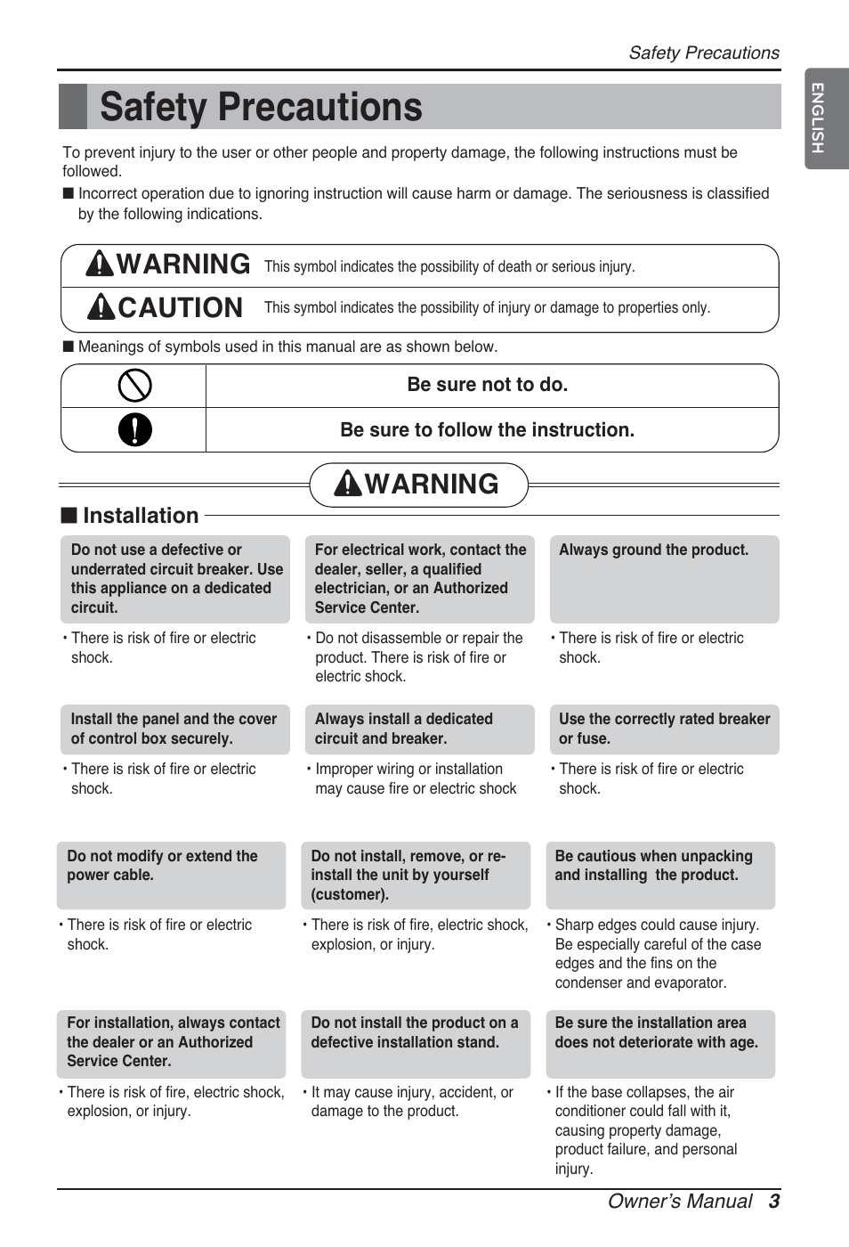 Safety precautions, Warning caution, Warning | Installation | LG ARNU24GCFA2 User Manual | Page 3 / 229