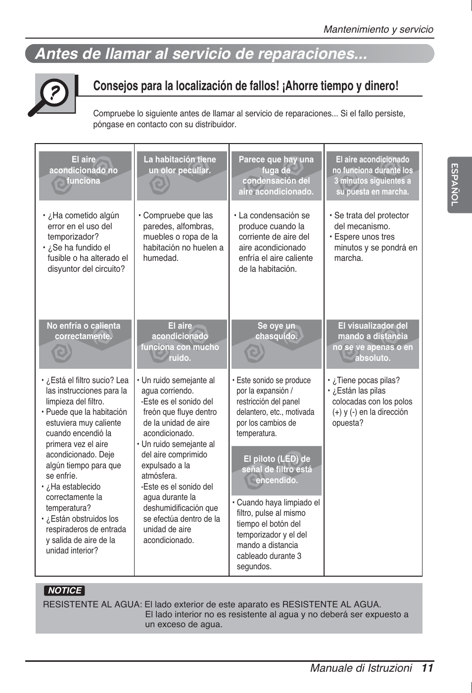 Antes de llamar al servicio de reparaciones, Manuale di istruzioni 11 | LG ARNU24GCFA2 User Manual | Page 35 / 229