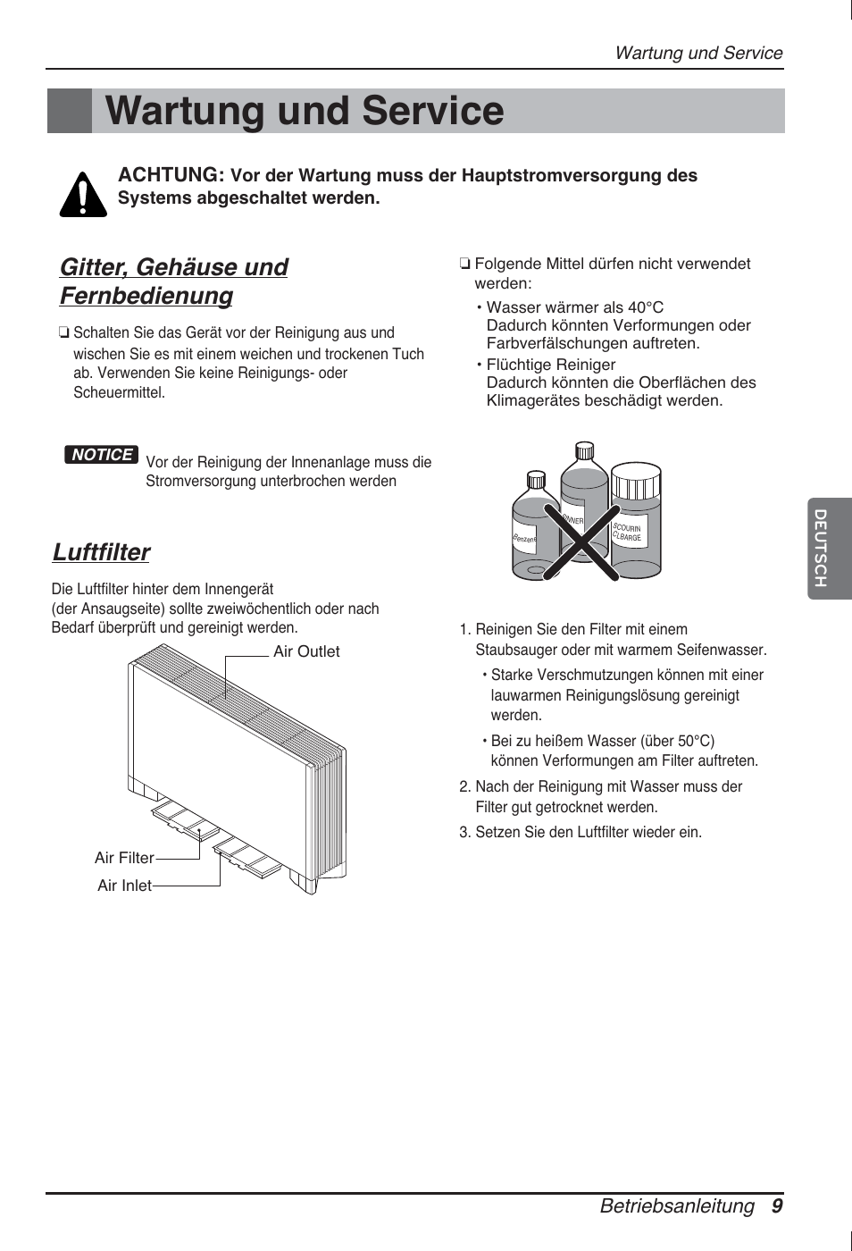 Wartung und service, Gitter, gehäuse und fernbedienung, Luftfilter | Betriebsanleitung 9, Achtung | LG ARNU24GCFA2 User Manual | Page 57 / 229