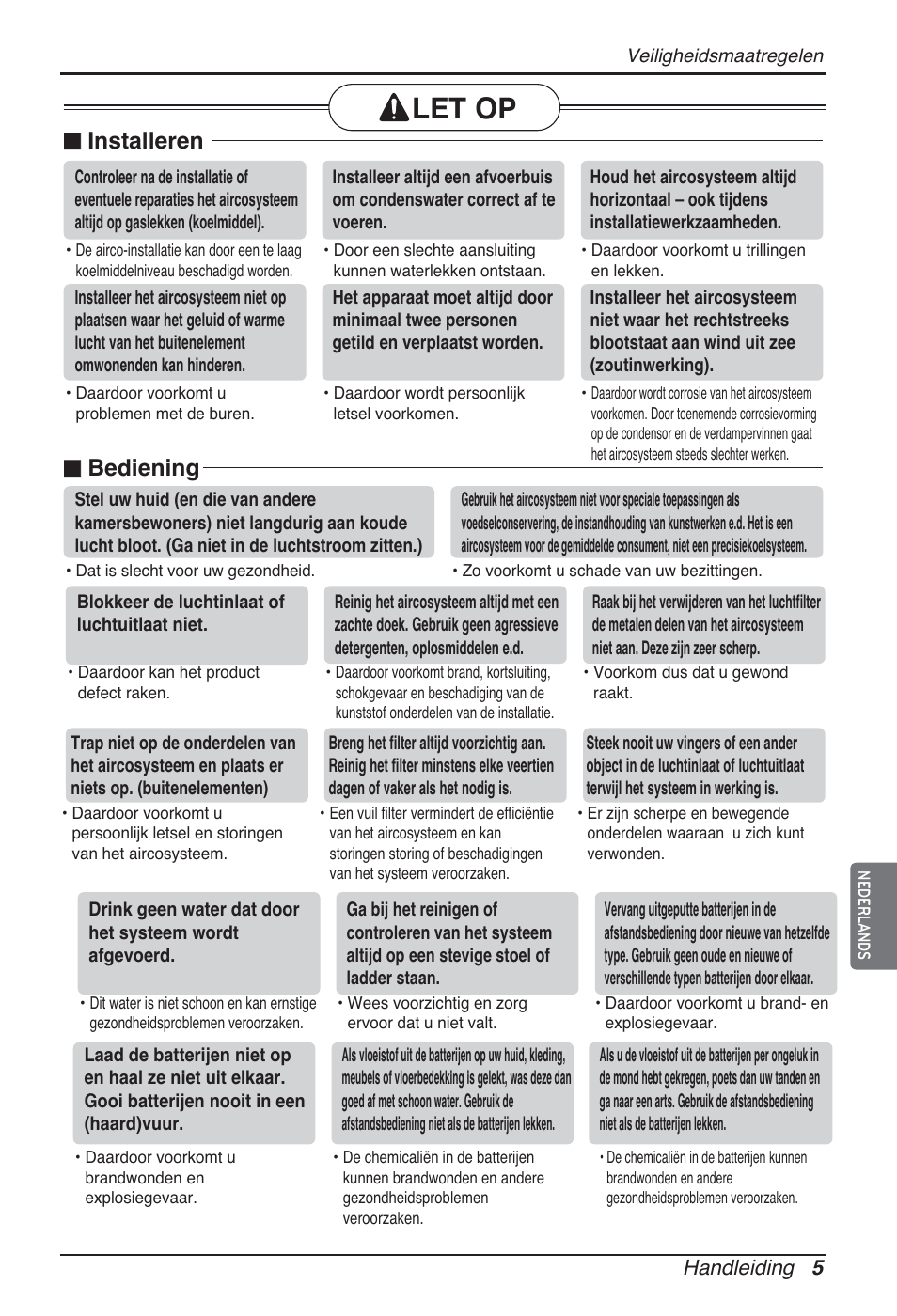 Let op, Installeren, Bediening | Handleiding 5 | LG ARNU24GCFA2 User Manual | Page 89 / 229