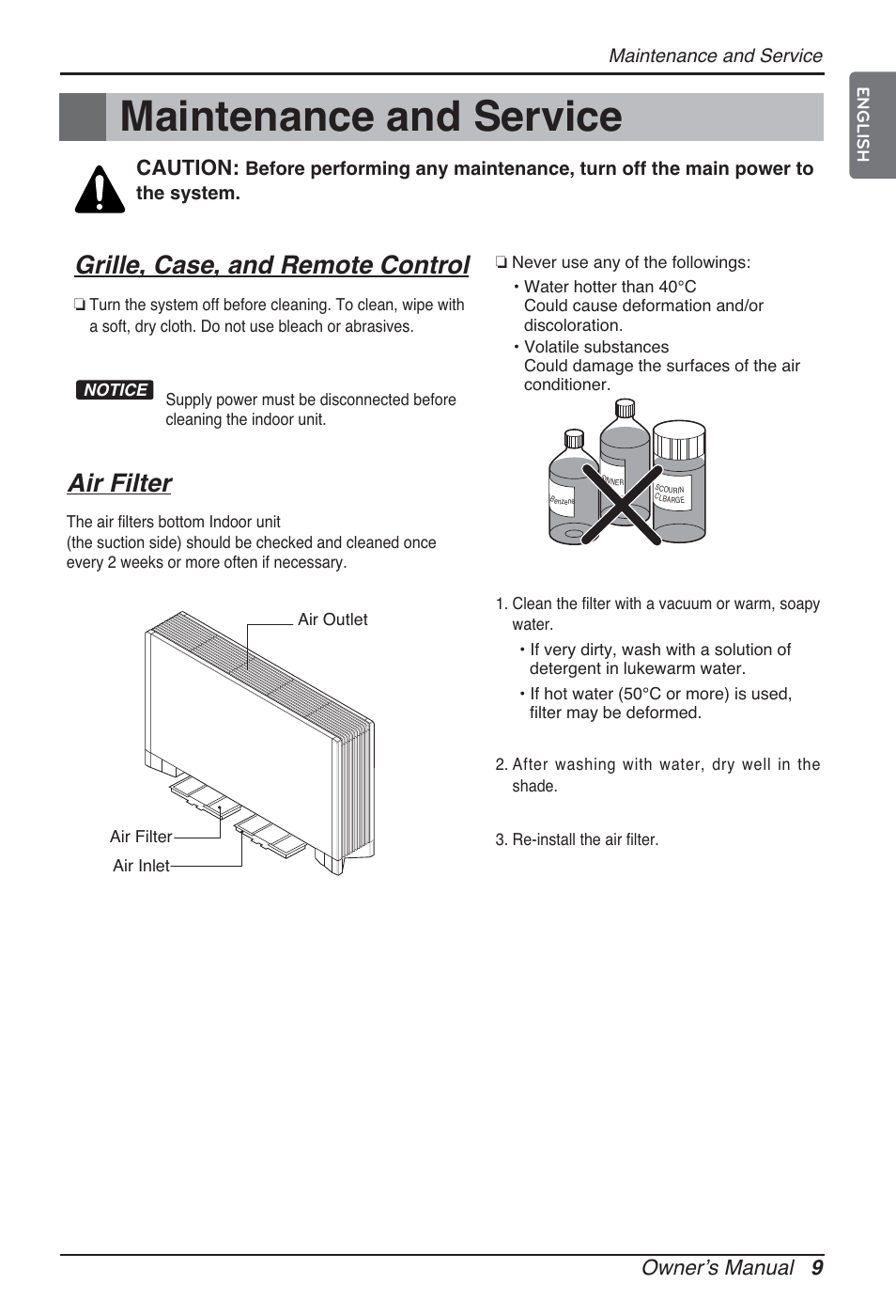 Maintenance and service, Grille, case, and remote control, Air filter | Owner’s manual 9, Caution | LG ARNU24GCFA2 User Manual | Page 9 / 229