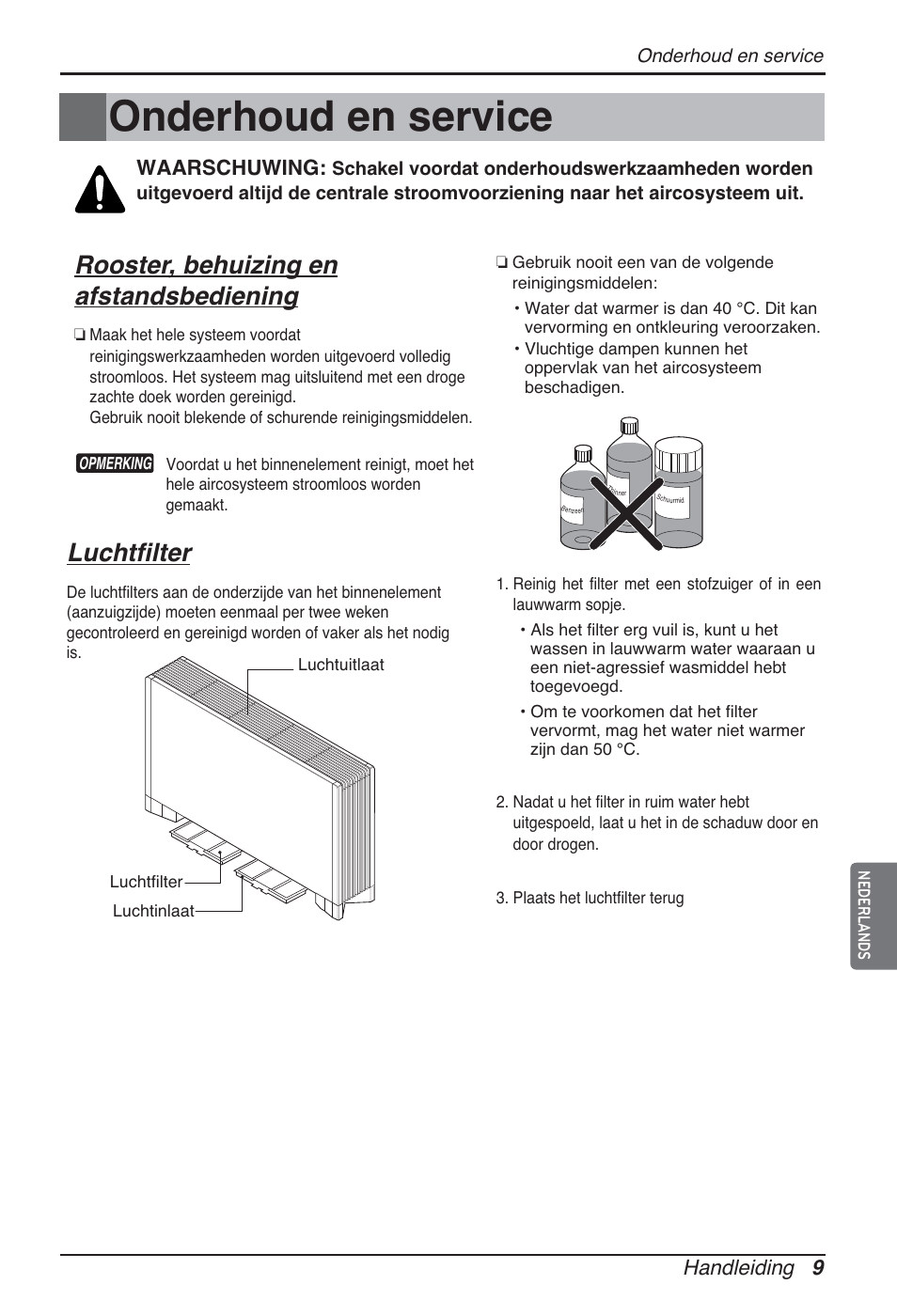 Onderhoud en service, Rooster, behuizing en afstandsbediening, Luchtfilter | Handleiding 9, Waarschuwing | LG ARNU24GCFA2 User Manual | Page 93 / 229