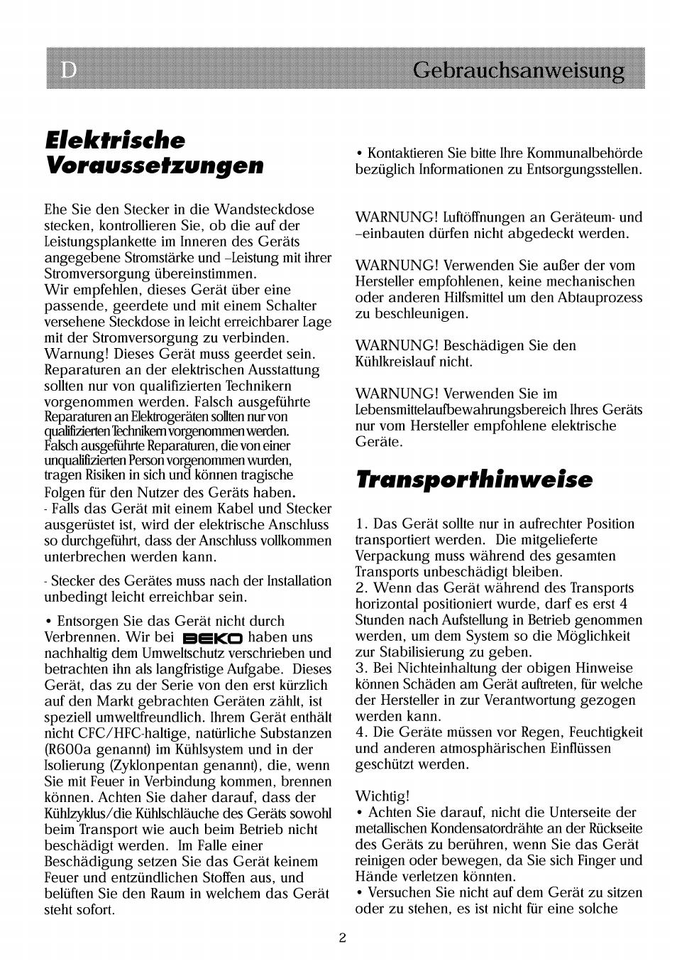 Elektristhe, Voraussetzungen, Transporthinweise | Gebrauchsanweisung elektristhe voraussetzungen | Beko RBI 2301 User Manual | Page 15 / 72