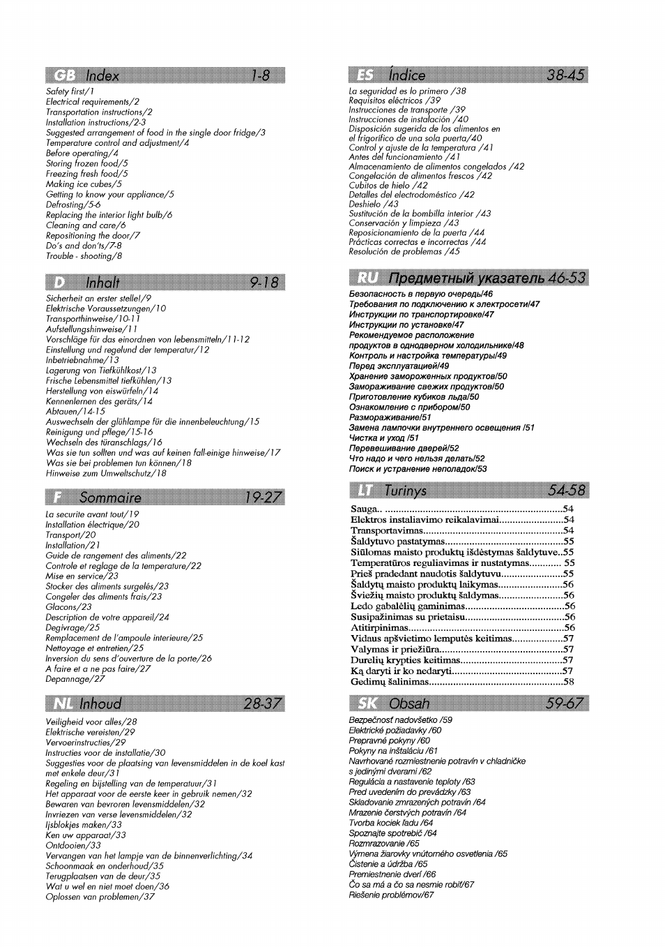 Ifihoud, Ífídlcb 38-45, Првдтвтый утзвтль 46-53 | Turmys 54-58, Xmh 59-67, Índex, Inhalt | Beko RBI 2301 User Manual | Page 2 / 72