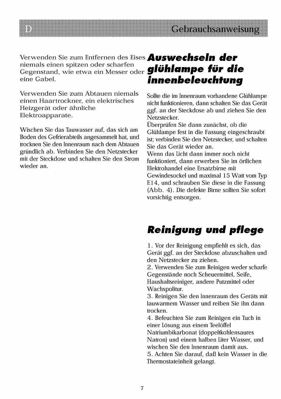 Innenbeleu€htung, Reinigung und piiege, Gebrauchsanweisung | Auswe€hseln der | Beko RBI 2301 User Manual | Page 20 / 72