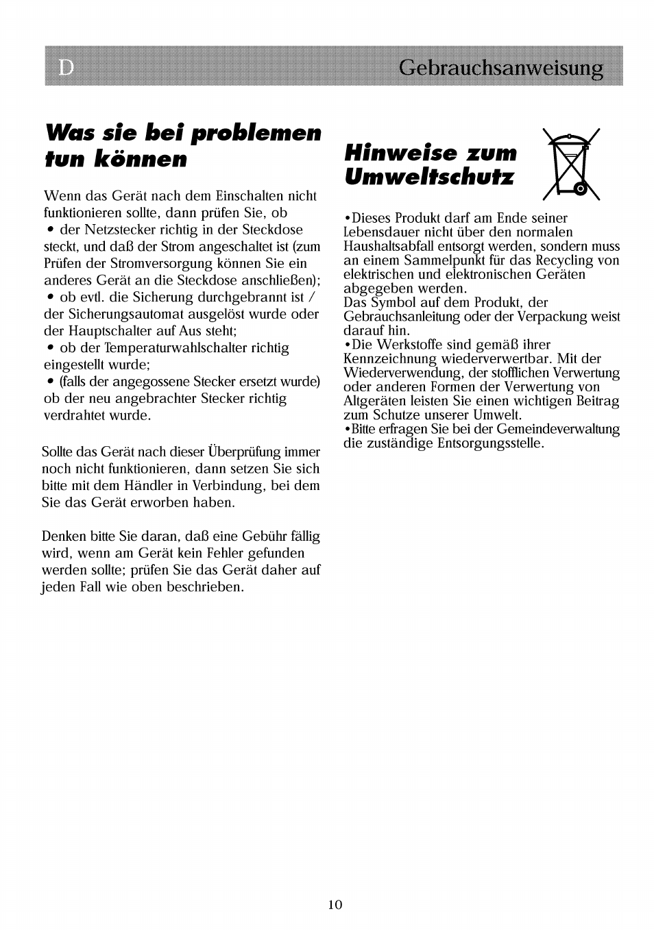 Was sie bei probiemen tun können, Hinweise zum umweitsshutz | Beko RBI 2301 User Manual | Page 23 / 72