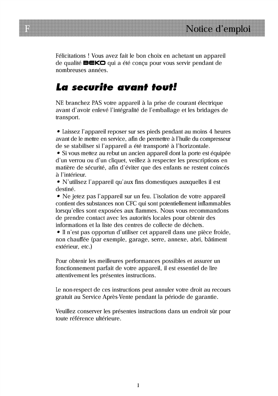 La se€unfe avant tout, Notice d’emploi | Beko RBI 2301 User Manual | Page 24 / 72