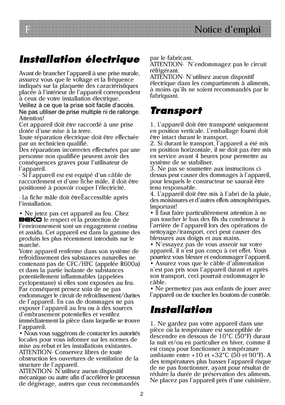 Ênstauation éle€tnque, Transport, Ênsiaêêation | Notice d’emploi ênstauation éle€tnque | Beko RBI 2301 User Manual | Page 25 / 72