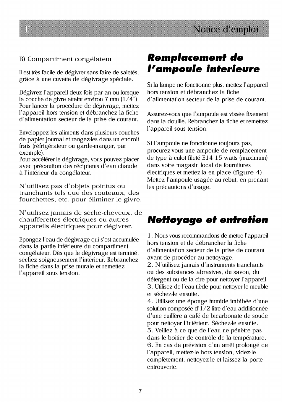 Remplaeement de l'ampoule inierleure, Nehoyage ef enireilen, Notice d’emploi | Beko RBI 2301 User Manual | Page 30 / 72