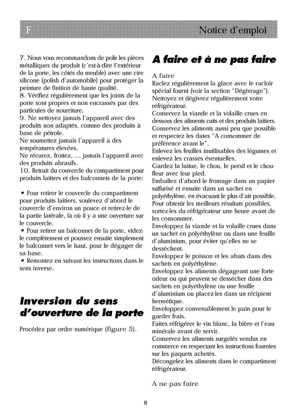 Inversion du sens d'ouveriure de la parle, A faire ef à ne ptk faire, Notice d’emploi | Beko RBI 2301 User Manual | Page 31 / 72