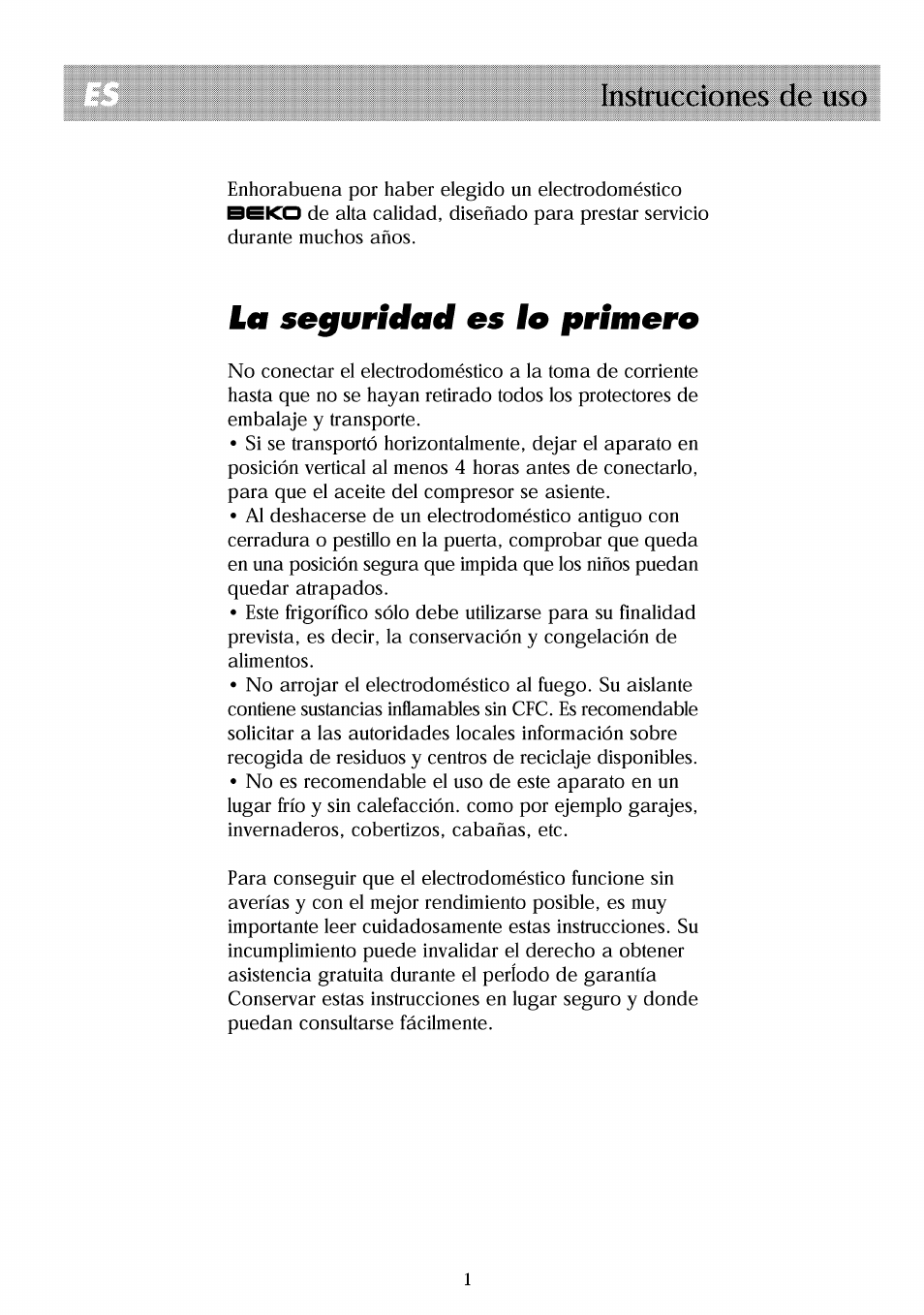 La seguridad es lo primero, Instrucciones de uso | Beko RBI 2301 User Manual | Page 43 / 72