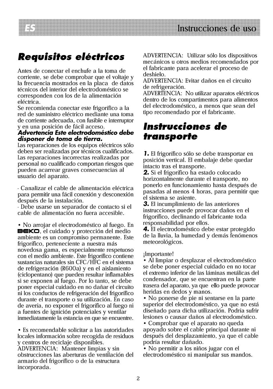 Requisitos eiéstrísos, Instru€€íones de transporte, Instrucciones de uso requisitos eiéstrísos | Beko RBI 2301 User Manual | Page 44 / 72