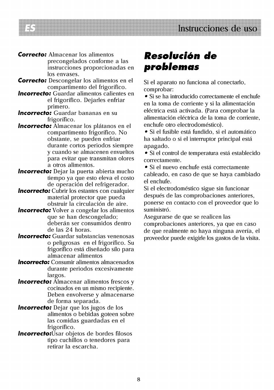 Resolutión cíe problemas, Instrucciones de uso | Beko RBI 2301 User Manual | Page 50 / 72
