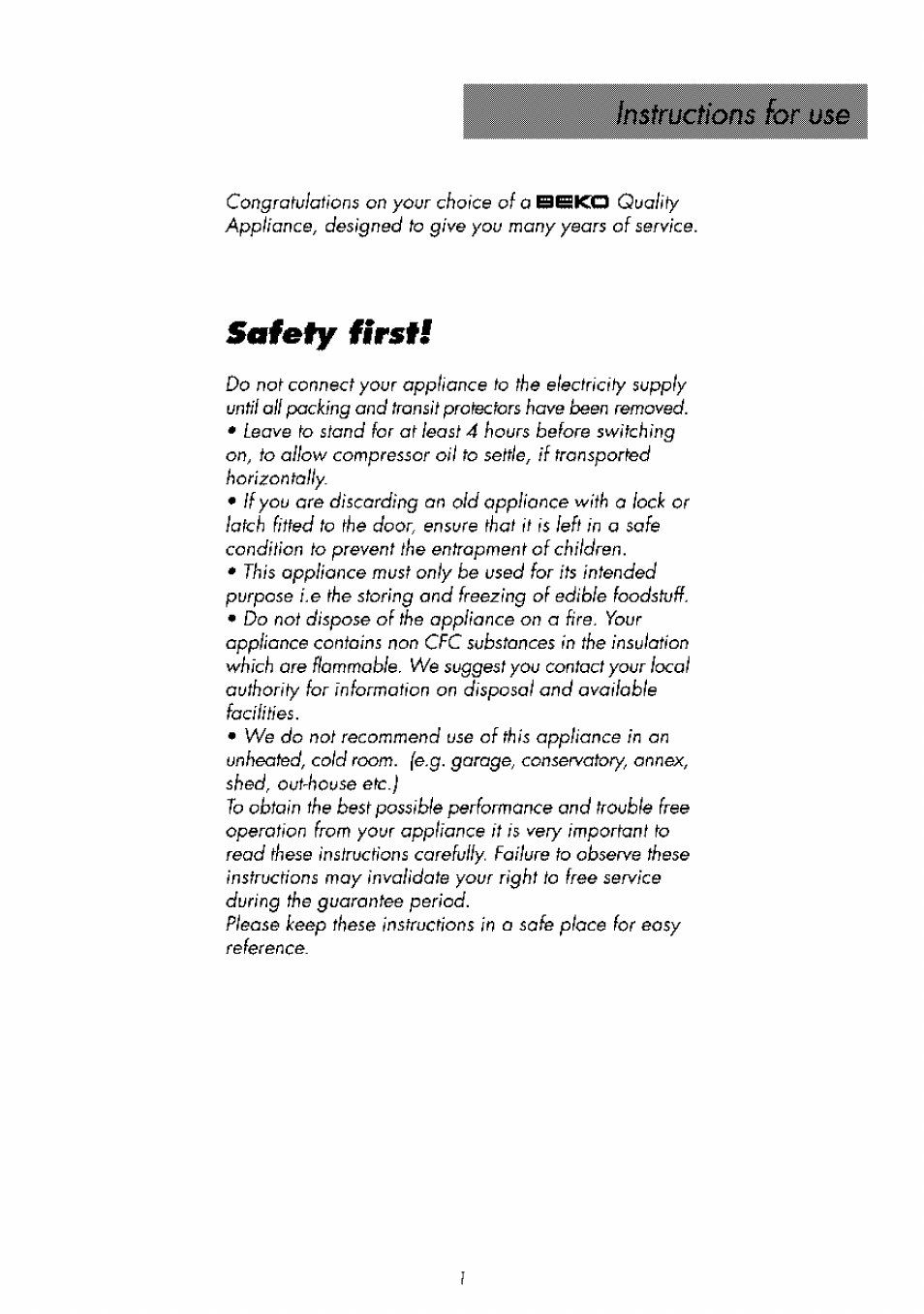 Safety first | Beko RBI 2301 User Manual | Page 6 / 72