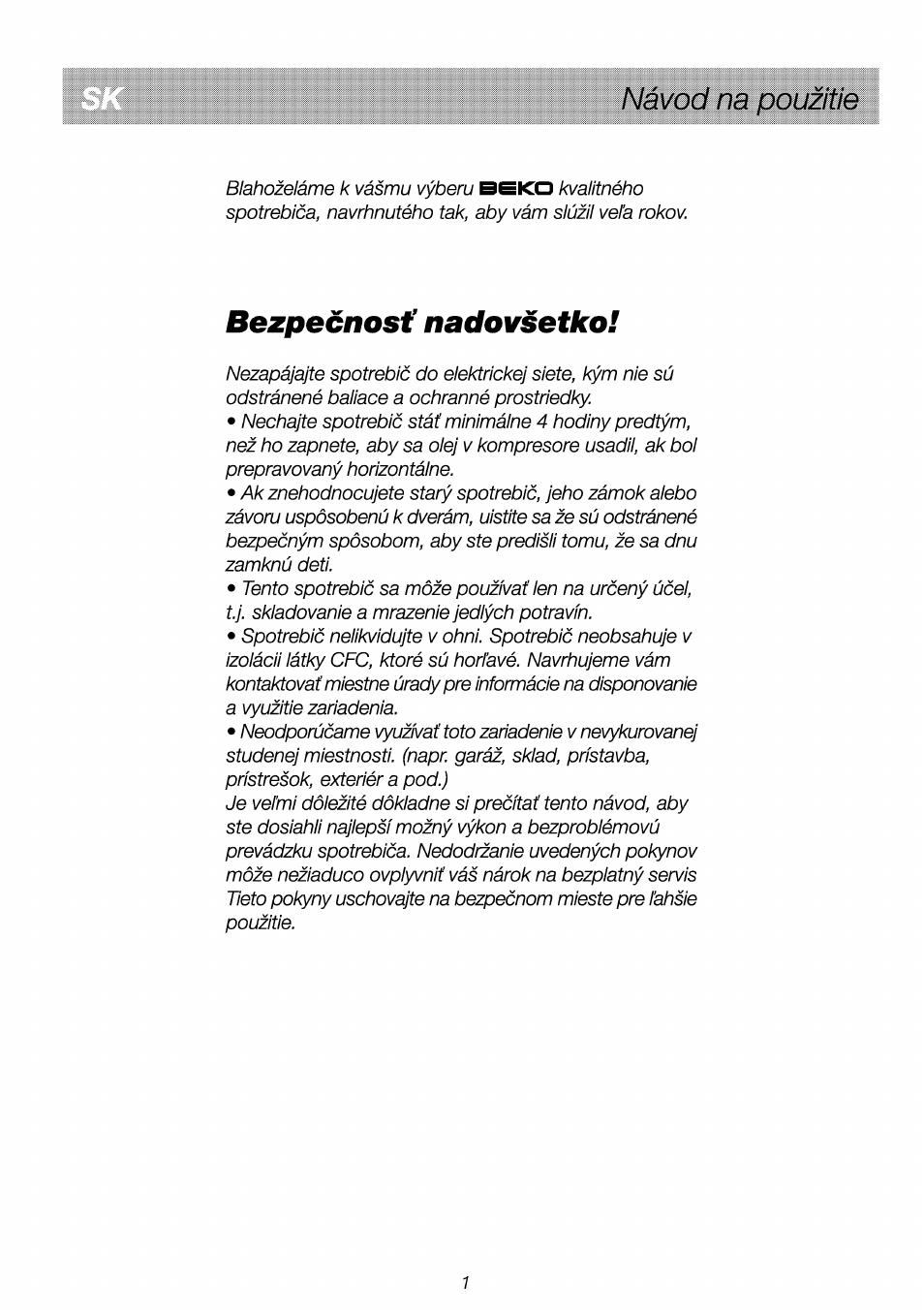 Bezpecnost' nadovsetko, Nâvod na pouzitie | Beko RBI 2301 User Manual | Page 64 / 72