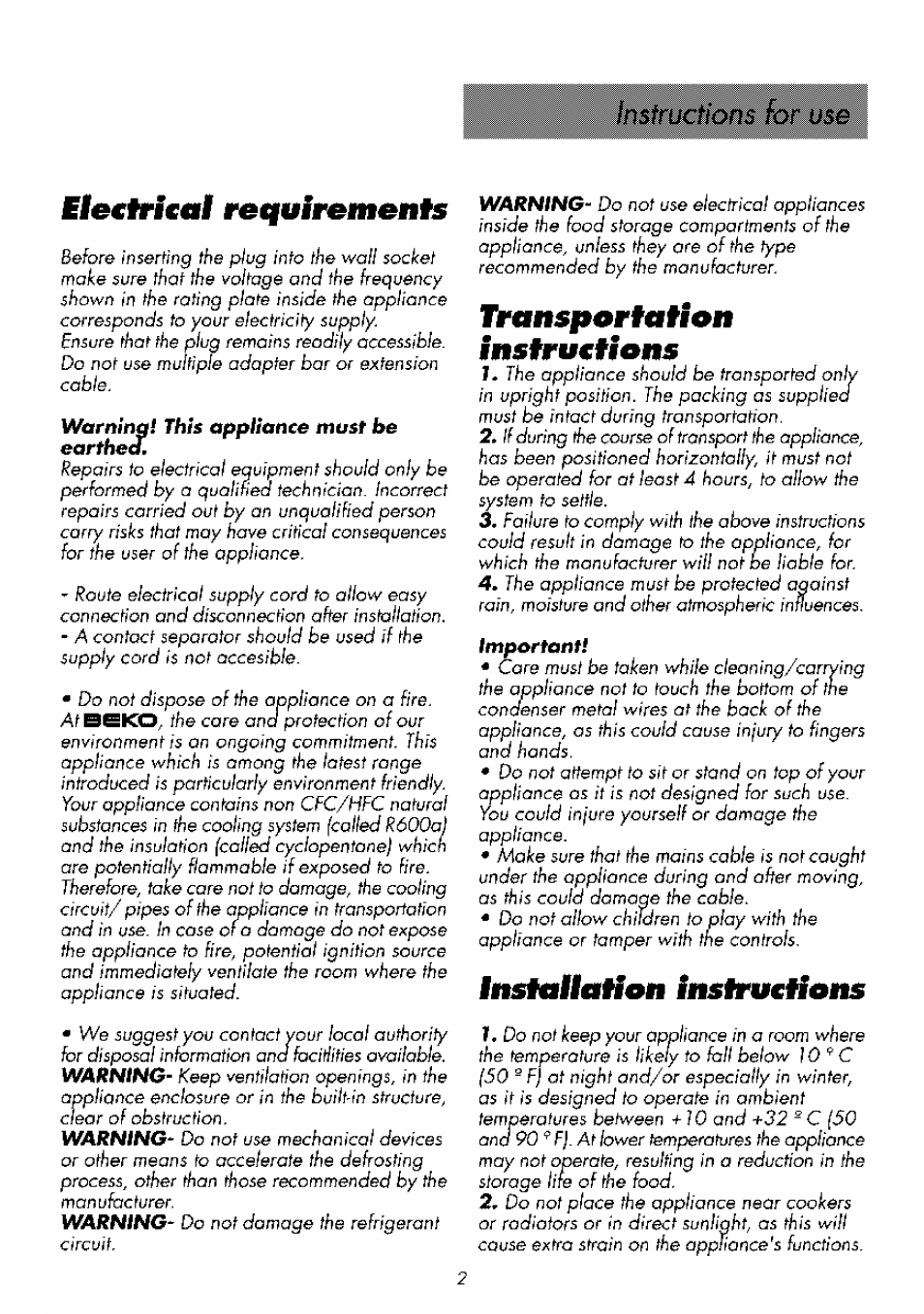 Tmnsportation, Instru€tions, Installation instnnhons | Elettrieal reififfremenis, Tmnsportation instru€tions | Beko RBI 2301 User Manual | Page 7 / 72